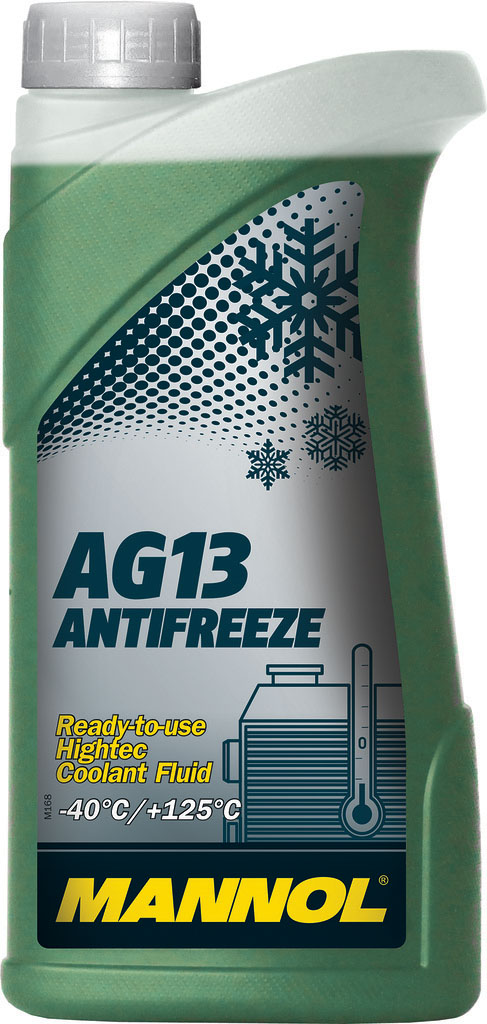 Антифриз MANNOL AG13 Hightec -40°C, 1 л2040 Антифриз MANNOL AG13 Hightec -40°C, 1 л2040Mannol AG13+ Advanced Antifreeze -40°C - готовый раствор, предназначенный для круглогодичного применения в системах охлаждения, для которых рекомендуется автопроизводителем применять антифризы на моноэтиленгликолевой основе. Благодаря высокотехнологичному пакету присадок обеспечивает эффективную защиту системы охлаждения от всех типов коррозии. Не содержит фосфатов, нитритов, аминов. Нейтрален по отношению к следующим металлам и сплавам: латунь, медь, легированная сталь, чугун, алюминий, свинцовые сплавы. Гарантирует надежную защиту системы охлаждения в течение 3 лет.