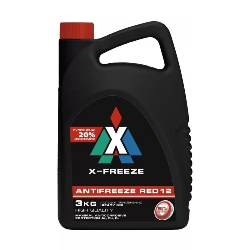 Антифриз X-Freeze Red, 3 л430206095 Антифриз X-Freeze Red, 3 л430206095Антифриз X-FREEZE RED 12 с улучшенной антикоррозионной защитой предназначен для круглогодичного использования в легковых и грузовых автомобилях. Изготовлен из высококачественного этиленгликоля с применением уникального многофункционального антикоррозионного пакета присадок. Не содержит нитриты, амины, фосфаты. Новейшая формула обеспечивает повышенный срок эксплуатации и улучшенную циркуляцию антифриза, эффективную и долговечную защиту системы охлаждения от коррозионного воздействия и образования накипи. Предотвращает перегрев двигателя. Цвет красный.