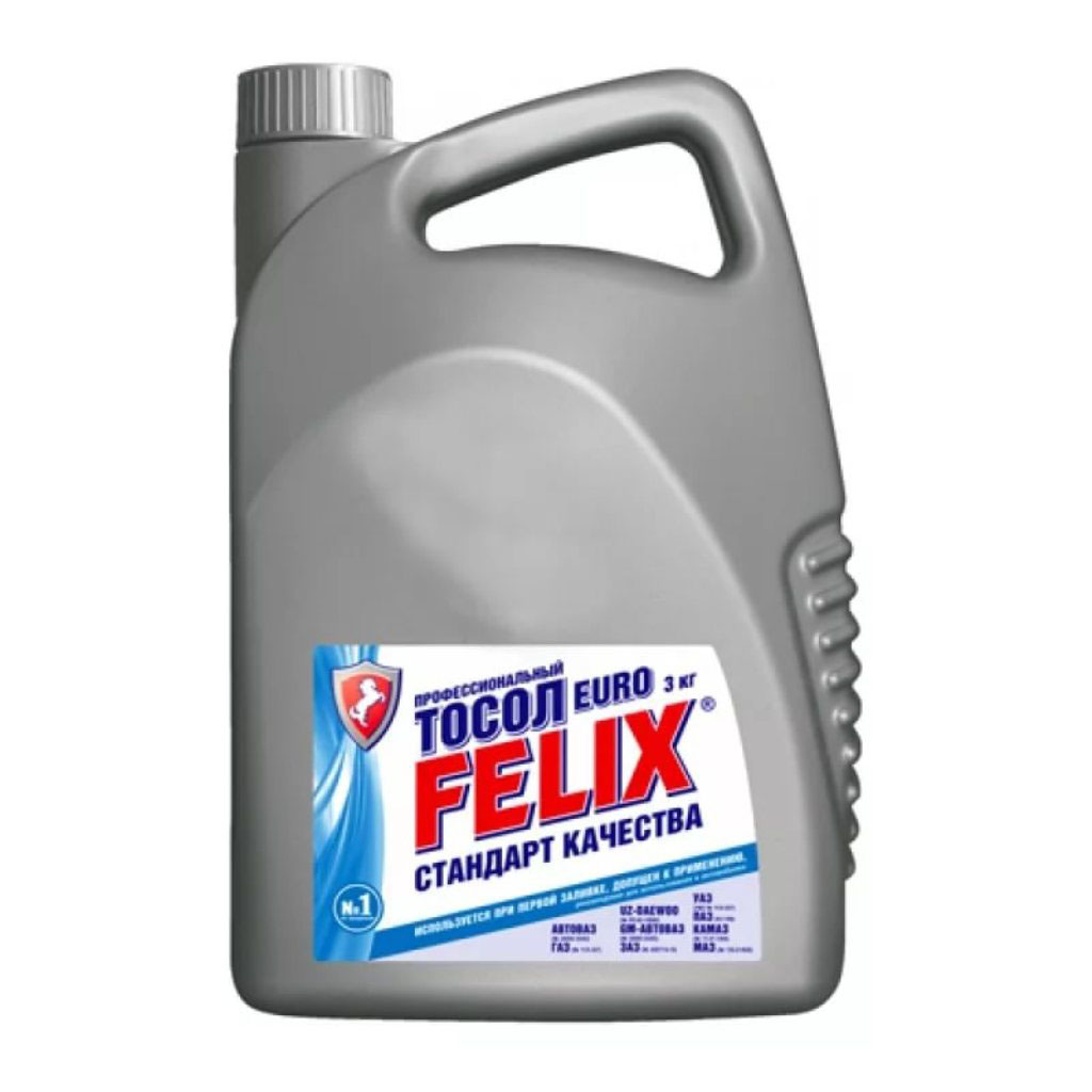 Тосол Felix EURO, -35°C, 3 л430207015 Тосол Felix EURO, -35°C, 3 л430207015Профессиональный тосол FELIX Euro предназначен для использования при температуре окружающей среды до -35°С. Обладает повышенной теплоемкостью, поэтому рекомендуется для использования в летний период и в регионах с жарким климатом.