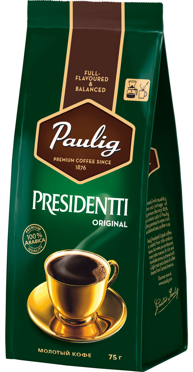 Paulig Presidentti Original кофе молотый, 75 г16678 Paulig Presidentti Original кофе молотый, 75 г16678В кофе Paulig Presidentti Original, приготовленном из обжаренных зерен 100% арабики, как в благородном вине, вы откроете различные оттенки вкуса. Насыщенный неподражаемый аромат достигается благодаря смеси кофейных зерен из Центральной Америки светлой обжарки.Кофе натуральный жареный молотый. Светлообжаренный. Сорт премиум.