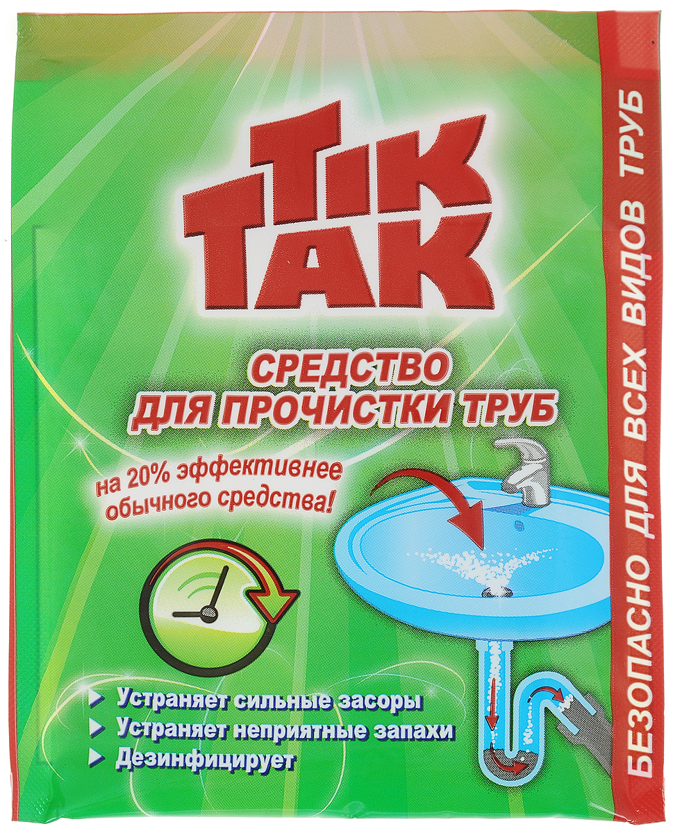 Средство для прочистки труб Chirton Tik-Tak, 90 г44791 Средство для прочистки труб Chirton Tik-Tak, 90 г44791Средство Chirton Tik-Tak предназначено для прочистки сливных отверстий от заторов, а также для очистки труб, раковин, ванн и унитазов от окиси, ржавчины, грязи. Прочищает, дезинфицирует, устраняет неприятные запахи. Эффективно действует в холодной воде. Не причиняет вреда эмалям и полимерным материалам. Использование одной упаковки в месяц достаточно для того, чтобы трубы были как новые.Товар сертифицирован.Уважаемые клиенты! Обращаем ваше внимание на то, что упаковка может иметь несколько видов дизайна. Поставка осуществляется в зависимости от наличия на складе.