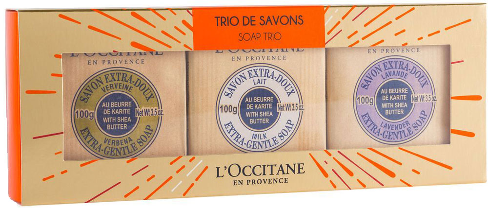 LOccitane Подарочный набор Мыльное трио: мыло Вербена, мыло Лаванда, мыло Молоко, 3 х 100 г064857 LOccitane Подарочный набор Мыльное трио: мыло Вербена, мыло Лаванда, мыло Молоко, 3 х 100 г064857Мыло Вербена, Лаванда и Молоко великолепно подходит для ежедневного использования. Содержит 100%-ую натуральную основу, обогащен маслом карите. Подходит для мужчин, женщин и детей. Входящий в состав мыла экстракт из листьев вербены лимонной обладает тонизирующими и освежающими свойствами и бодрящим лимонным ароматом; розмарин насыщен эфирным маслом с антисептическими, антиоксидантными, очищающими, успокаивающими свойствами.