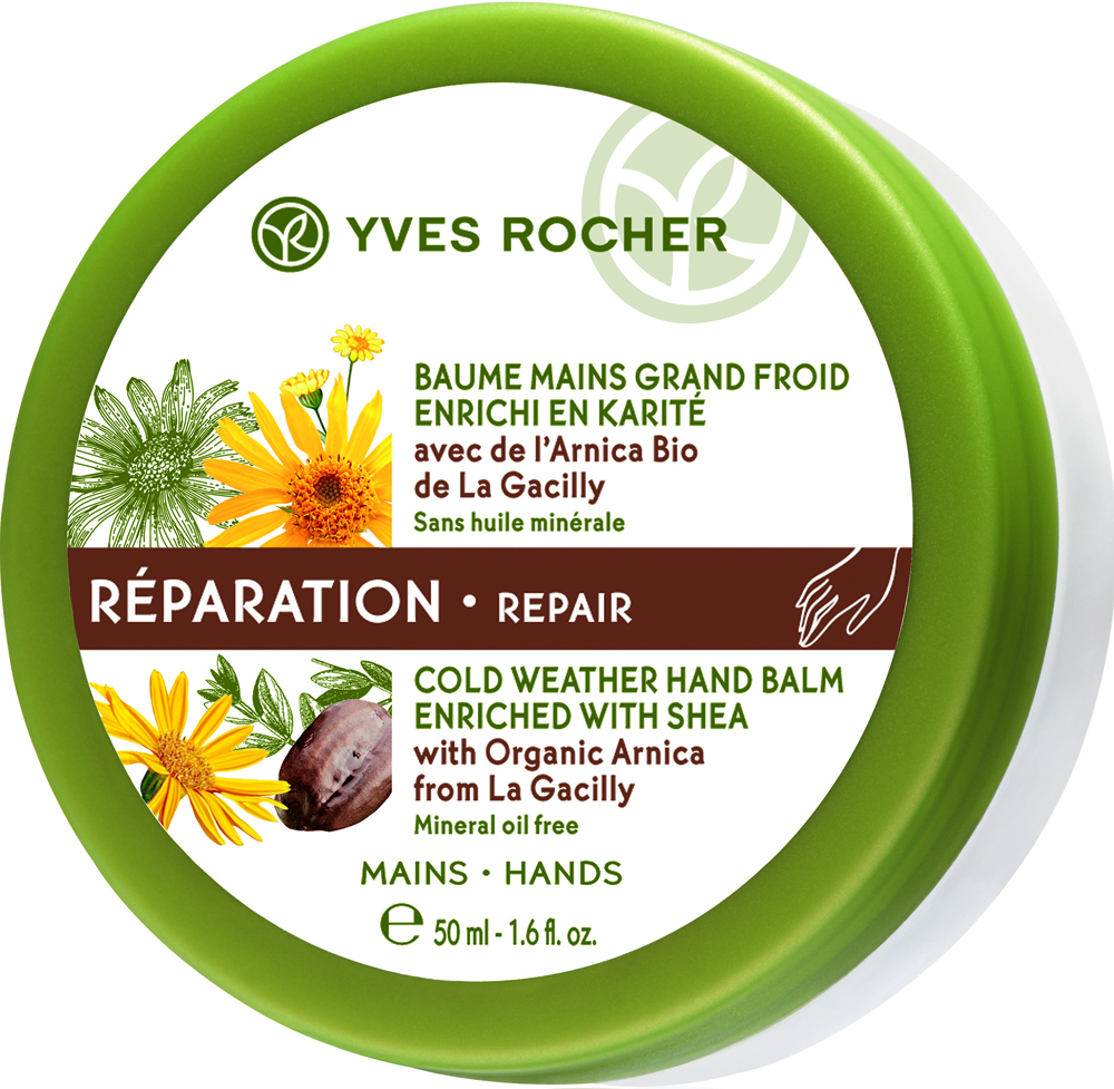 Yves Rocher восстанавливающий бальзам для рук с арникой, 50 мл31161 Yves Rocher восстанавливающий бальзам для рук с арникой, 50 мл31161Восстанавливающий Бальзам для Рук с Арникой питает и эффективно восстанавливает очень сухую и поврежденную кожу рук благодаря экстракту Арники БИО, обладающему защитными свойствами, и маслу Каритэ, известному своими питательными и восстанавливающими свойствами. Уход идеально подходит для использования в холодное время года, когда кожа страдает от обезвоживания, холода и ветра.Тающая текстура бальзама быстро впитывается, оставляя на коже легкий растительный аромат.Кожа Ваших рук восстановлена и защищена. Избавленная от сухости и трещинок, она вновь обретает ощущение комфорта, становится нежной, ухоженной и красивой.Его +: Формула без минеральных масел.