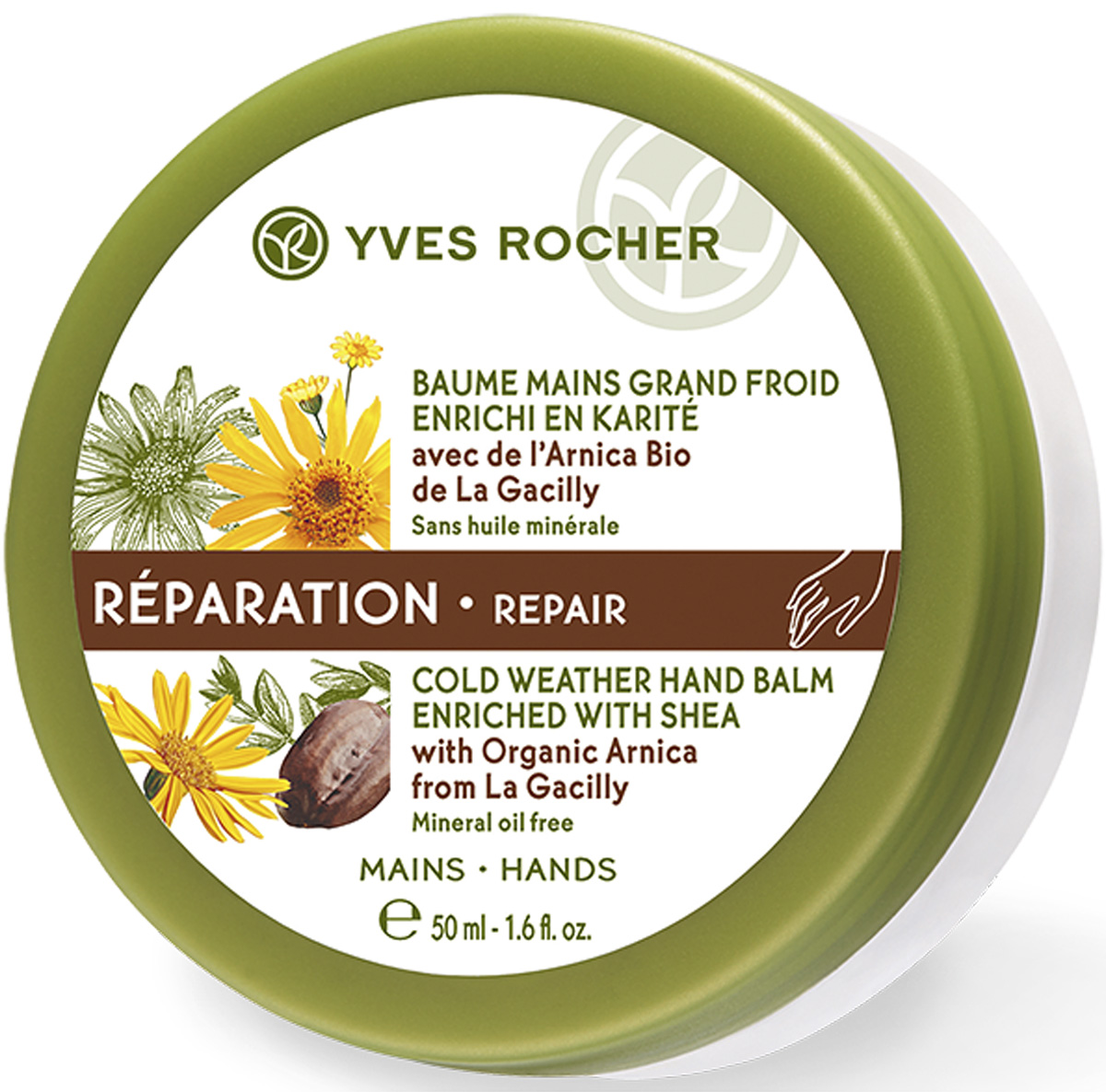 Yves Rocher бальзам для рук Защита от холода с арникой, 50 мл58880 Yves Rocher бальзам для рук Защита от холода с арникой, 50 мл58880Восстанавливающий Бальзам для Рук с Арникой питает и эффективно восстанавливает очень сухую и поврежденную кожу рук благодаря экстракту Арники БИО, обладающему защитными свойствами, и маслу Каритэ, известному своими питательными и восстанавливающими свойствами. Уход идеально подходит для использования в холодное время года, когда кожа страдает от обезвоживания, холода и ветра.Тающая текстура бальзама быстро впитывается, оставляя на коже легкий растительный аромат.Кожа Ваших рук восстановлена и защищена. Избавленная от сухости и трещинок, она вновь обретает ощущение комфорта, становится нежной, ухоженной и красивой.Его +: Формула без минеральных масел.