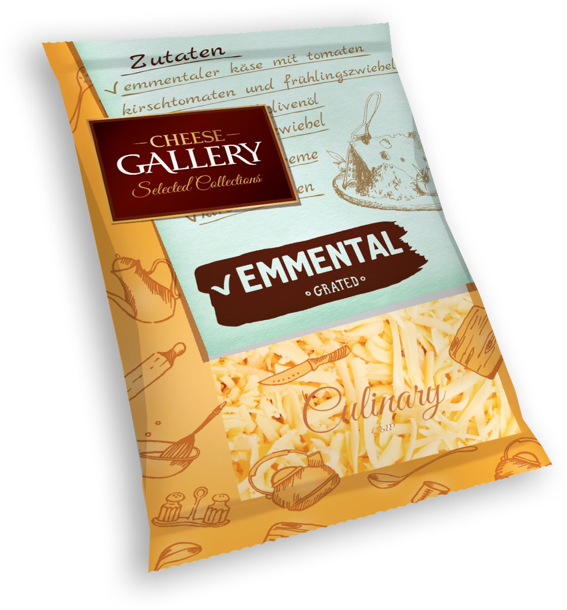 Cheese Gallery Сыр Эмменталь, 50%, тертый, 150 г105-796 Cheese Gallery Сыр Эмменталь, 50%, тертый, 150 г105-796Визитная карточка сыра Эмменталь – это большие дырки-глазки и несравненный пикантный, пряный сладковатый вкус Твердый сыр Эмменталь используется для приготовления разнообразных салатов, десертов и вторых блюд: сыр хорошо плавится Для экономии времени в приготовлении блюд воспользуйтесь уже натертым сыром Эменталь Cheese GalleryОн прекрасно сочетается с вином и фруктами Так же Эмменталь является основным ингредиентом фондю