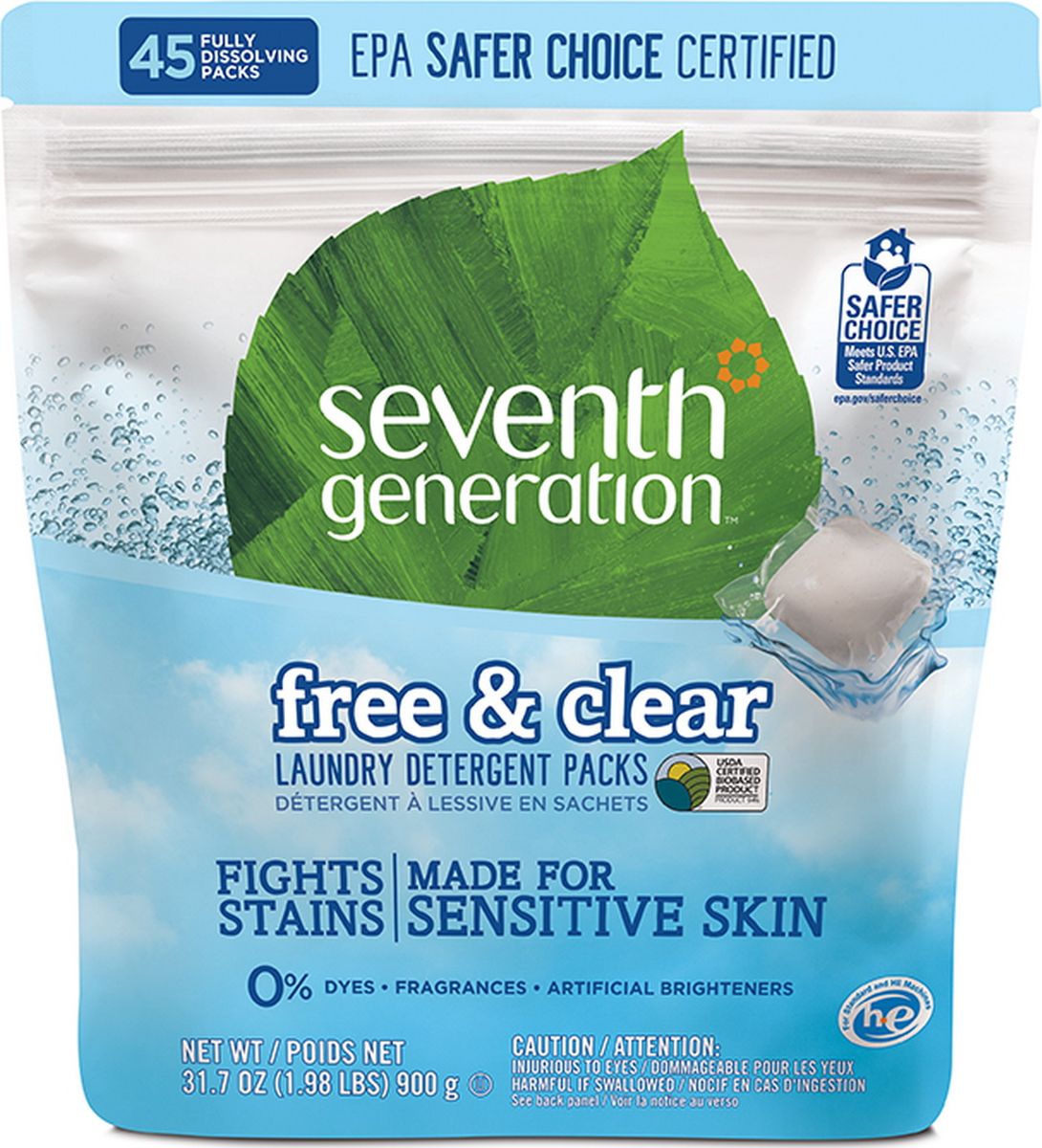 Капсулы для стирки Seventh Generation, без запаха, 900 г, 45 шт22977 Капсулы для стирки Seventh Generation, без запаха, 900 г, 45 шт22977Seventh Generation - натуральный стиральный порошок без запаха в капсулах. Обладает формулой с четырех кратными природными био-энзимами, которая борется с грязью и трудно-выводимыми пятнами. Водорастворимые таблетки-капсулы удобны, безопасны и просты в использовании. Нет необходимости измерять количество средства. Просто поместите в машину один пакет-капсулу для одной обычной загрузки или два для сильно загрязненных вещей или большой загрузки. Средство быстро растворяется в холодной и горячей воде. Подходит для деликатных тканей.Особенности:- Гипоаллергенный, подходит для чувствительной кожи,- Не раздражает кожу, нейтральный Ph,- Натуральные био-энзимы удаляют трудновыводимые и повседневные пятна,- Не содержит хлора, абразивов, фосфатов, фталатов, сульфатов, А-ПАВ,- Без оптических, искусственных отбеливателей, растворителей и парабенов,- Без синтетических отдушек и красителей,- Нетоксичная биоразлагаемая формула с ферментами на растительной основе,- Для стандартных и высокоэффективных стиральных машин,- Отлично работает во всех температурных режимах,- На 94% сделан из сертифицированных USDA биоматериалов (материалов растительного происхождения, сертифицированных Министерством сельского хозяйства США),- Рекомендуется для людей склонных к аллергическим реакциям и страдающих астмой.Состав: цитрат натрия (средство растительного происхождения для умягчения воды), карбонат натрия (моющее средство на минеральной основе), лаурет-6 (чистящее средство растительного происхождения), гидратированный диоксид кремния (средство помощи потока на минеральной основе), Cocos nucifera (кокос) масло (пеногаситель растительного происхождения), протеазы (ферменты (энзимы) растительного происхождения для удаления пятен), амилазы (ферменты (энзимы) растительного происхождения для удаления пятен), маннаназы (ферменты (энзимы) растительного происхождения), целлюлазы (ферменты (энзимы) растительного происхождения для удаления смеси почв).Товар сертифицирован.