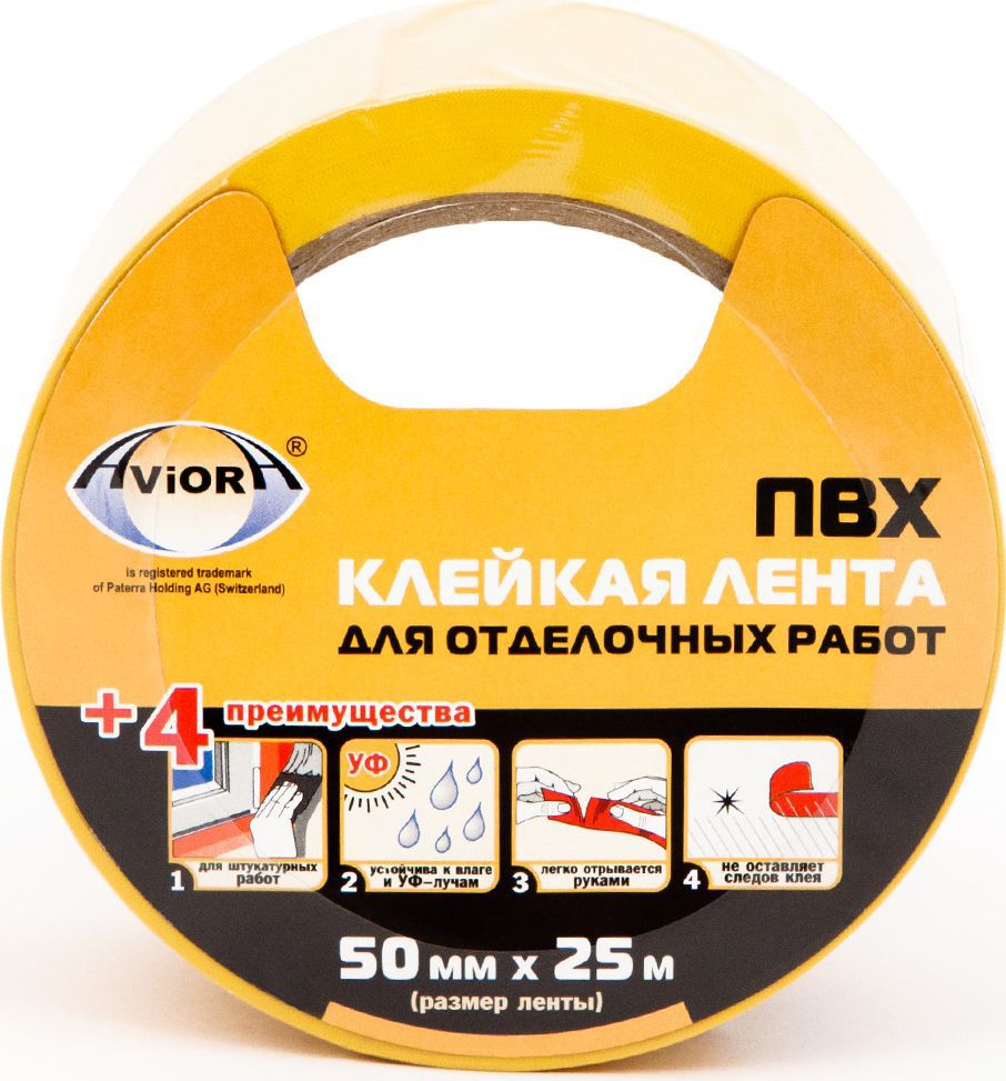 Лента малярная клейкая Aviora, для наружных отделочных работ, цвет: желтый, 50 мм х 25 м304-002 Лента малярная клейкая Aviora, для наружных отделочных работ, цвет: желтый, 50 мм х 25 м304-002Малярная лента желтого цвета, предназначенная для наружных работ - надёжный инструмент, с помощью которого можно осуществлять сложные задачи по отделке и покраске поверхностей. Купить данную ленту стоит при необходимости проведения работ по внешней отделке зданий. Натуральный клеевой слой не оставляет следов после применения, а шероховатая поверхность основы надёжно впитывает красящие вещества.