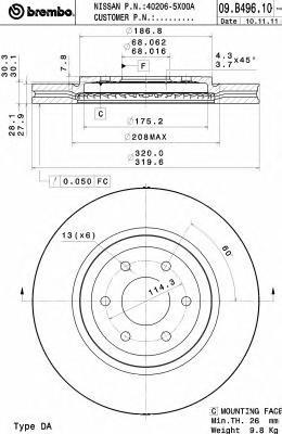 Диск тормозной передний Brembo 09B4961009B49610 Диск тормозной передний Brembo 09B4961009B49610