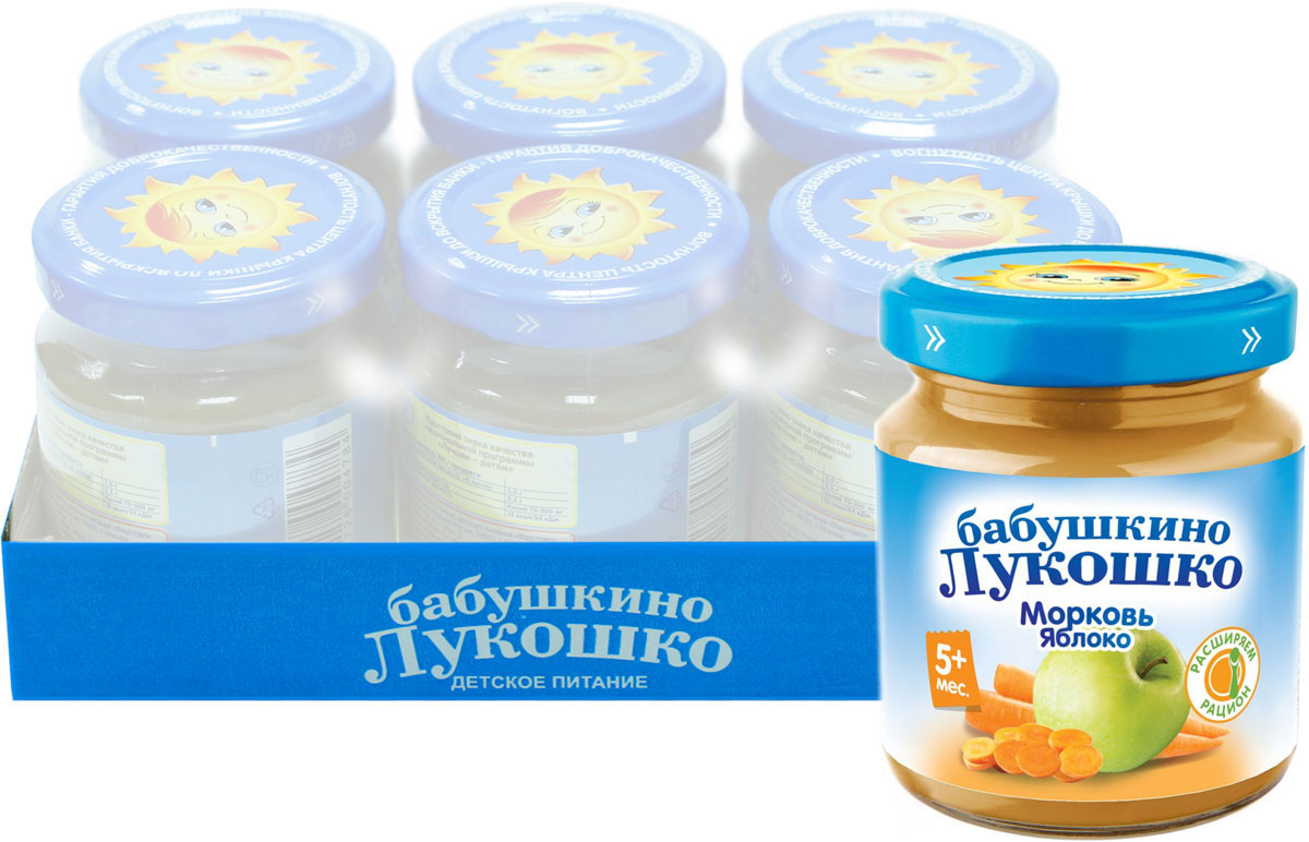 Бабушкино Лукошко Морковь Яблоко пюре с 5 месяцев, 100 г, 6 шт053037 Бабушкино Лукошко Морковь Яблоко пюре с 5 месяцев, 100 г, 6 шт053037Пюре из моркови и яблок насыщено бета-каротином, который в организме перерабатывается в витамин А, необходимый для нормального функционирования иммунной системы, поддержания здоровья кожи и хорошего зрения. Железо и витамин С способствуют профилактике анемии. Пищевые волокна способствуют нормализации пищеварения. В 100 г продукта: углеводы - 12,0 г; минеральные вещества: калий - 70-300 мг; энергетическая ценность - 50 ккал/ 210 кДж. Пюре рекомендуется употреблять, начиная с 0,5 чайной ложки, постепенно увеличивая до 100 г в день. Продукт готов к употреблению. Необходимое количество подогреть до 40-50°С и перемешать. Разогревать продукт в соответствии с правилами эксплуатации бытовых приборов.