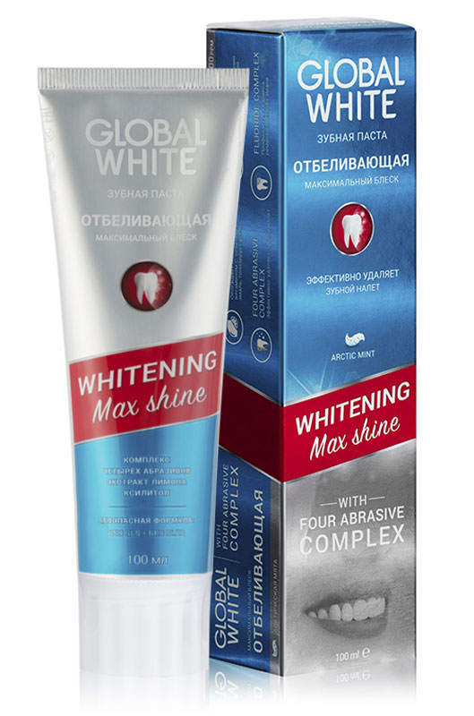 Global White Ежедневная Отбеливающая зубная паста, 100 мл101 Global White Ежедневная Отбеливающая зубная паста, 100 мл101Зубная паста подходит для ежедневного применения благодаря комплексу четырех абразивов, который бережно удаляет окрашенный зубной налет и защищает от образования зубного камня. Натуральный фермент, входящий в состав, бережно расщепляет налет на поверхности эмали, не оказывая на нее агрессивного воздействия, а активные укрепляющие компоненты снижают чувствительность и восстанавливают минеральный баланс эмали.