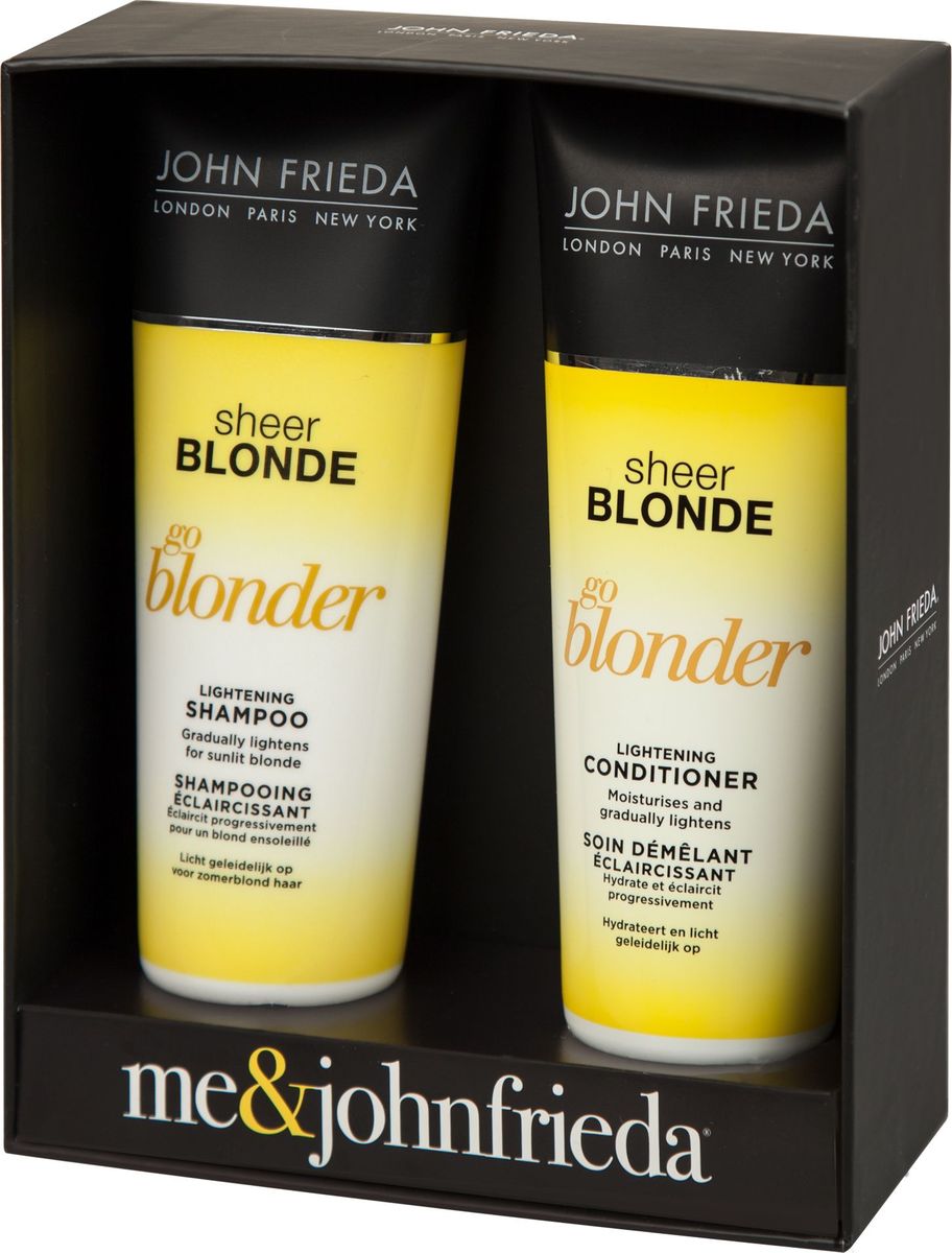 John Frieda Набор Сияющий блонд (Sheer Blonde Go Blonder осветляющий шампунь 250 мл + осветляющий кондиционер 250 мл)jfset0001 John Frieda Набор Сияющий блонд (Sheer Blonde Go Blonder осветляющий шампунь 250 мл + осветляющий кондиционер 250 мл)jfset0001НАБОР «СИЯЮЩИЙ БЛОНД» JOHN FRIEDA Sheer Blonde Go Blonder – прекрасный подарок для обладательниц светлых волос любых оттенков. Серия специально разработана для постепенного осветления, светлые волосы становятся более яркими и мерцающими!Осветляющий шампунь остепенно осветляет и создает заметный эффект выгоревших на солнце волос. Светлые волосы становятся более яркими и мерцающими, благодаря цитрусу и ромашке, создается заметный эффект солнечного поцелуя на волосах, который усиливает их блеск. Шампунь возвращает волосам красоту, мягкость и здоровый вид, не пересушивая их.Кондиционер увлажняет волосы, они становятся заметно светлее и ярче, усиливается естественный блеск светлых волос. Кондиционер восстанавливает и увлажняет волосы.Незаменимый набор для солнечного сияния светлых волос круглый год!РЕЗУЛЬТАТ: ПОСТЕПЕННОЕ ОСВЕТЛЕНИЕ СВЕТЛЫХ ВОЛОС.