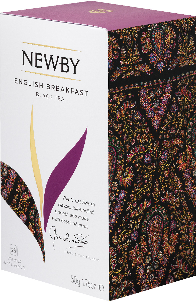 Newby English Breakfast черный чай в пакетиках, 25 шт310050 Newby English Breakfast черный чай в пакетиках, 25 шт310050Newby English Breakfast - традиционный купаж черных сортов чая из Ассама, Цейлона и Кении. Чашка насыщенного янтарного цвета и богатого вкуса с цитрусовыми нотками и пряным послевкусием идеальна для начала дня.Уважаемые клиенты! Обращаем ваше внимание на то, что упаковка может иметь несколько видов дизайна. Поставка осуществляется в зависимости от наличия на складе.