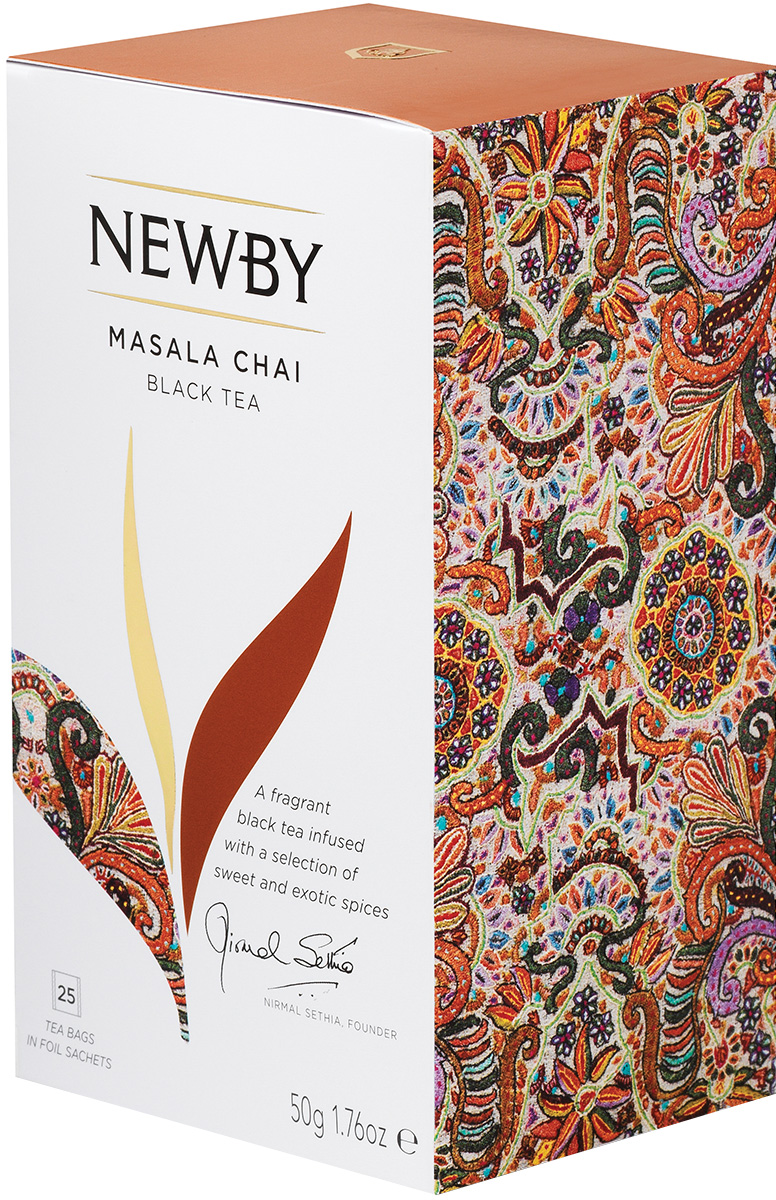 Newby Masala Chai черный чай со специями в пакетиках, 25 шт311450 Newby Masala Chai черный чай со специями в пакетиках, 25 шт311450Черный листовой чай Newby Masala Chai - это особый купаж, в который входят листья черного чая и ароматные специи. У напитка насыщенный и богатый вкус, который имеет легкие солодовые нотки и пряное, слегка острое послевкусие. Newby Masala Chai прекрасно согревает организм, создавая ощущение, что тепло растекается внутри тела. Рекомендуется подавать этот чай с молоком, медом, лимоном или сахаром.Уважаемые клиенты! Обращаем ваше внимание на то, что упаковка может иметь несколько видов дизайна. Поставка осуществляется в зависимости от наличия на складе.
