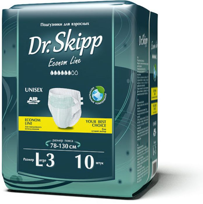 Dr. Skipp Подгузники для взрослых Econom Line размер L-3 10 шт7029 Dr. Skipp Подгузники для взрослых Econom Line размер L-3 10 шт7029Подгузники для взрослых Dr.Skipp Econom Line, отличаются удобной и экономичной упаковкой, они сделаны с целью, обеспечить надежную защиту и комфорт людям со средней или высокой степенью недержания, а также имеющим трудности с передвижением или посещением туалета.• Комфортно прилегают к телу за счет расширенного эластичного пояса.• Надежно удерживают влагу внутри благодаря дополнительной резинке для прилегания защитного барьера к ногам.• Понятный и точный индикатор наполнения.• Приятный и естественный внешний вид подгузника на теле.• Удобная эргономичная упаковка.• Выгодно для кошелька – сочетание низкой цены и количества подгузников в упаковке делают приобретение подгузников Dr.Skipp выгодным для семейного бюджета.Обхват пояса: 78-130 см.