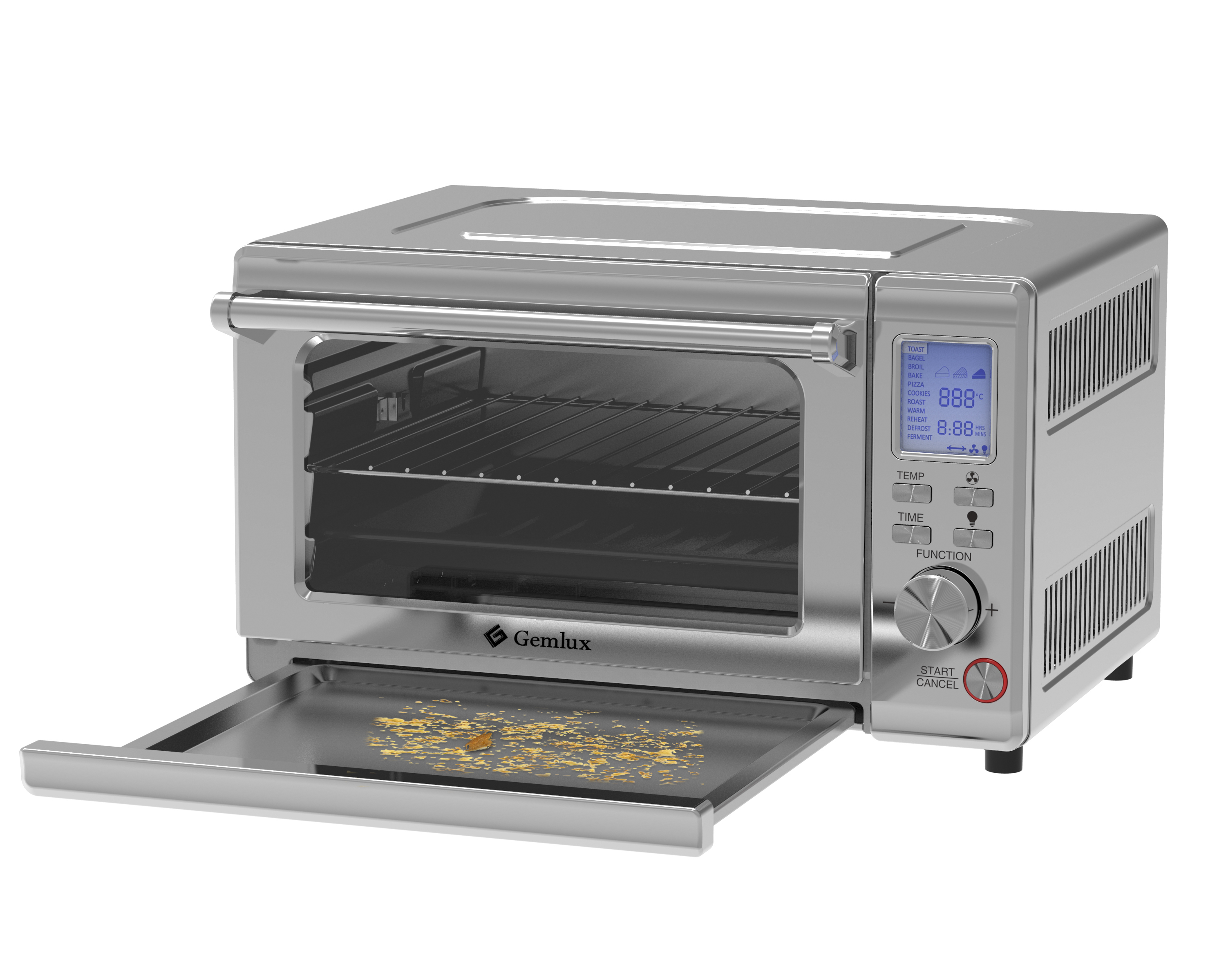 Gemlux GL-OR-1500 мини-печьGL-OR-1500 Gemlux GL-OR-1500 мини-печьGL-OR-1500Конвекционная печь GEMLUX GL-OR-1500электрическая, многофункциональная, с роторным грилем, электронное управление, 40-230оС, таймер 120 мин, объем 26 л, подсветка, нерж.сталь, в комплекте: решетка, противень с держателем, сливной поддон