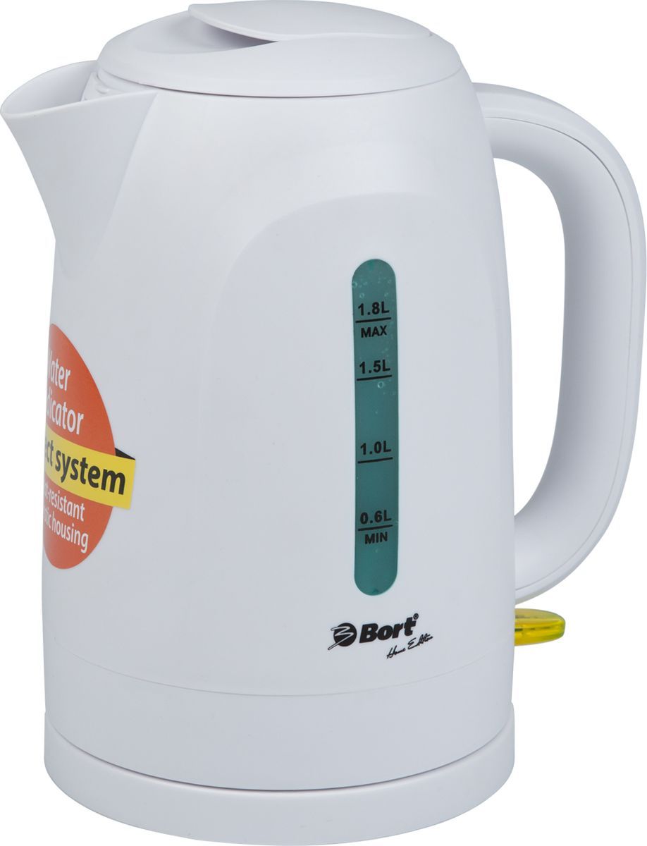 Bort BWK-2218P, White электрический чайник91276926 Bort BWK-2218P, White электрический чайник91276926Электрический чайник Bort BWK-2218P изготовлен из пищевого пластика, устойчивого к воздействию высоких температур.Высокая мощность закрытого нагревательного элемента 2200 Вт позволит быстро вскипятить воду.Широко открывающаяся крышка, легкоснимаемый мелкий фильтр - все это для удобства пользования и чистки чайника.Беспроводное соединение позволяет вращать чайник на подставке на 360°.