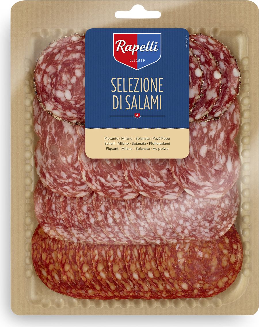 Rapelli Салями ассорти, 125 г14000 Rapelli Салями ассорти, 125 г14000Все салями произведены в соответствии с рецептурой, разработанной создателем компании – Марио Рапелли в 1929 году. 100% швейцарский продукт. Не содержит аллергенов. Не содержит глутамат натрия.