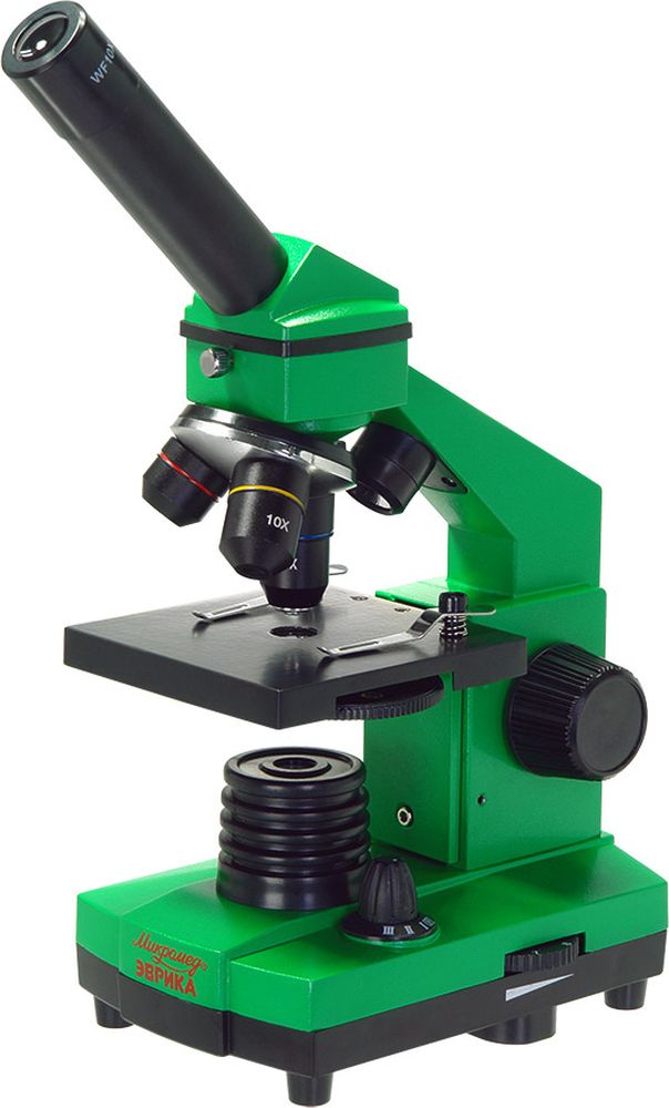 Micromed Эврика, Lime микроскоп25447 Micromed Эврика, Lime микроскоп25447Микроскоп школьный Эврика 40х-400х может быть использован для проведения учебных и лабораторных работ в области биологии в школах, лицеях, дошкольных учебных заведениях, а также в домашних условиях. Отличительные особенности серии - яркий дизайн, качественная стеклянная оптика, эргономичный металлический корпус и двойная светодиодная подсветка.С яркими микроскопами Эврика исследование окружающего мира становится действительно увлекательным - даже у себя дома, среди домашних растений или на кухне можно найти удивительные и загадочные объекты. Юные исследователи откроют для себя много нового и неизвестного, получат ответы на интересующие их вопросы.Многослойное просветляющее покрытие на оптических элементах обеспечивает качественное резкое и контрастное изображение. Три объектива с увеличением 4, 10, 40 крат и окуляр 10 крат позволят получить изображение объекта с увеличением от 40 до 400 крат.Прочный металлический корпус с устойчивым основанием обеспечивает максимальное удобство и эффективность работы даже в поездке.Микроскоп оснащен двумя встроенными источниками отраженного и проходящего света, благодаря этому микроскоп подойдет для наблюдения прозрачных, непрозрачных и полупрозрачных объектов. Такие возможности увеличат кругозор юного исследователя – микроскоп подойдет для изучения биологических объектов в виде мазков и срезов, а при работе с объективами 4х и 10х можно изучать непрозрачные плоские объекты.Источники света работают от 3 батареек типа АА или от сети переменного тока 220В с помощью адаптера (батарейки и адаптер не входят в комплект). Универсальность питания осветительной системы позволяет использовать микроскоп и в домашних условиях, и в учебных классах, и в походных условиях.Для выведения изображения на экран ПК, просмотра и работы с файлами можно использовать камеру-видеоокуляр (приобретается отдельно).Весь комплект оборудования упакован в жесткий пластиковый кейс с удобной ручкой – это позволит взять микроскоп с собой - микроскоп не будет поврежден и препараты не перепутаются.Особенности Увеличение от 40 до 400 крат В комплекте только все самое необходимое для начинающего исследователя Эта модель - прекрасный подарок: микроскоп поставляется в кейсе, удобном для переноски; в комплекте с микроскопом - маленькая микролаборатория для самостоятельного изготовления препаратов Яркий дизайн Оптические элементы из стекла и металлическая конструкция обеспечивают хорошее качество изображения и длительный срок эксплуатации микроскопа Встроенные осветители - светодиоды - позволяют быстро настроить освещение Осветители имеет регулировку яркости, что позволяет настроить освещение комфортно: при работе с объективами большого увеличения требуется более высокая яркость для получения хорошего качества изображения, а при работе с объективом малого увеличения требуется уменьшить освещенность объекта Осветитель отраженного света позволяет исследовать на малом увеличении непрозрачные плоские объекты Осветители могут работать от сети 220В и от батареек АА (адаптер и батарейки приобретаются отдельно), что дает возможность использовать микроскоп и дома, и в учебном классе, и в полевых условиях Механизм ограничителя (упора) и пружинящая оправа у объектива увеличением 40 крат обеспечивают предохранение от механического повреждения фронтальной линзы объектива и объекта Клеммы с пружинным механизмом позволяют удобно расположить препарат на предметном столике Удобная рукоятка фокусировки Долговечность и точность фиксирования подвижной части револьвера обеспечено применением специальной смазки стальных элементов