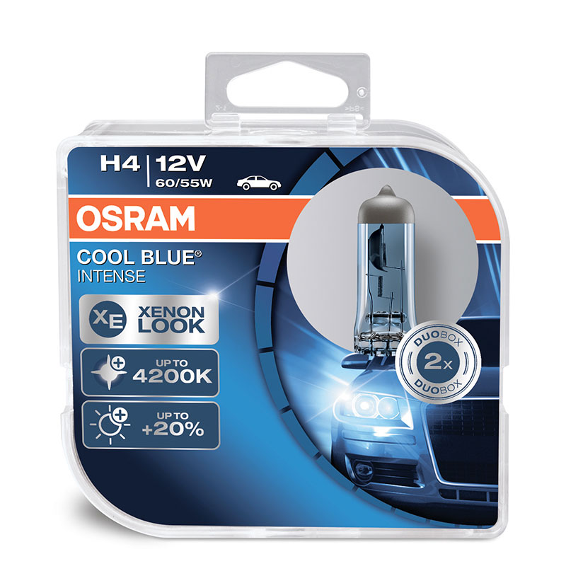 Лампа галогенная Osram H4 Cool Blue Intense 12V, 60/55W, 4200 К, 2 штOsram 64193CBIHCB 2 шт Лампа галогенная Osram H4 Cool Blue Intense 12V, 60/55W, 4200 К, 2 штOsram 64193CBIHCB 2 штЛампа OsramCool Blue Intense H4 создает высококонтрастный, близкий к естественному свет, который является более приятным для глаз, чем традиционный свет фар.Свет OsramCool Blue Intense способствует более высокой концентрации водителя и делает поездку менее утомительной. Лучше отражаются дорожные знаки и разметка, чем обеспечивается большая безопасность в темное время суток.Лампа способна работать на мощности 60/55 Вт, световой поток при этом будет составлять 1650/1000 лм соответственно.Особенности:Стильный бело-голубоватый.Цветовая температура 4200 К соответствует стандартной ксеновой лампеУвеличенная на 20% яркость по сравнению со стандартными лампамиВысококонтрастное освещение дорожного полотна, знаков и разметкиЦветность света, близкая к естественному дневному светуОптимизированный дизайн с серебряным куполом, идеальный для фар с прозрачными стекламиСтильный вид для ориентированных на дизайн водителейНапряжение: 12 вольт