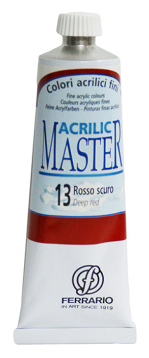 Ferrario Краска акриловая Acrilic Master цвет №13 красный темныйBM09760CO13 Ferrario Краска акриловая Acrilic Master цвет №13 красный темныйBM09760CO13Акриловые краски серии ACRILIC MASTER итальянской компании Ferrario. Универсальны в применении, так как хорошо ложатся на любую обезжиренную поверхность: бумага, холст, картон, дерево, керамика, пластик. При изготовлении красок используются высококачественные пигменты мелкого помола. Краска быстро сохнет, обладает отличной укрывистостью и насыщенностью цвета. Работы, сделанные с помощью ACRILIC MASTER, не тускнеют и не выгорают на солнце. Все цвета отлично смешиваются между собой и при необходимости разбавляются водой. Для достижения необходимых эффектов применяют различные медиумы для акриловой живописи. В серии представлено 50 цветов.