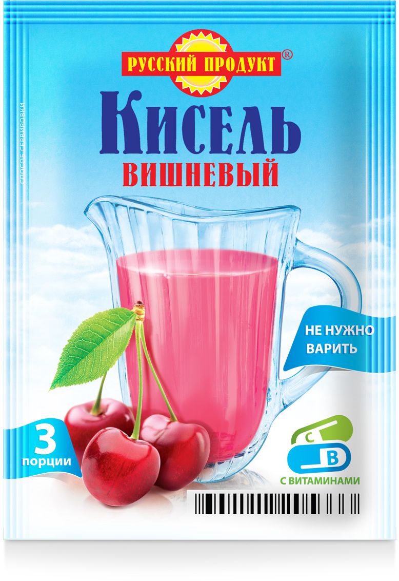 Русский продукт Кисель вишневый, 18 шт по 90 г2006048 Русский продукт Кисель вишневый, 18 шт по 90 г2006048Способ приготовления: содержимое пакета тщательно размешать в небольшом количестве холодной воды (0,5 стакана), затем влить в крутой кипяток (2-2,5 стакана) и интенсивно перемешивать в течение 1 минуты. При необходимости довести до кипения. На 3 порции.