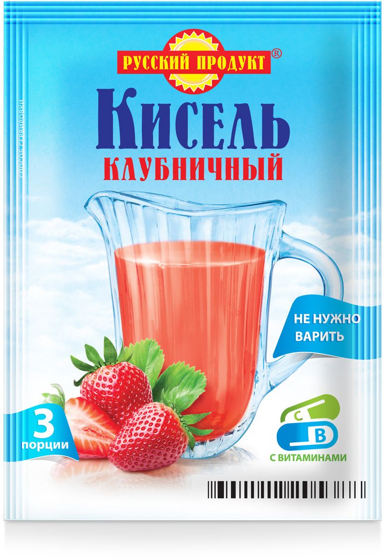 Русский продукт Кисель клубничный, 18 шт по 90 г2006049 Русский продукт Кисель клубничный, 18 шт по 90 г2006049Способ приготовления: содержимое пакета тщательно размешать в небольшом количестве холодной воды (0,5 стакана), затем влить в крутой кипяток (2-2,5 стакана) и интенсивно перемешивать в течение 1 минуты. При необходимости довести до кипения. На 3 порции.