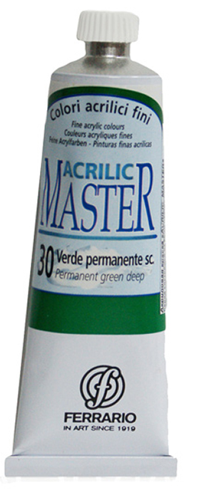 Ferrario Краска акриловая Acrilic Master цвет №30 зеленый темныйBM09760CO30 Ferrario Краска акриловая Acrilic Master цвет №30 зеленый темныйBM09760CO30Акриловые краски серии ACRILIC MASTER итальянской компании Ferrario. Универсальны в применении, так как хорошо ложатся на любую обезжиренную поверхность: бумага, холст, картон, дерево, керамика, пластик. При изготовлении красок используются высококачественные пигменты мелкого помола. Краска быстро сохнет, обладает отличной укрывистостью и насыщенностью цвета. Работы, сделанные с помощью ACRILIC MASTER, не тускнеют и не выгорают на солнце. Все цвета отлично смешиваются между собой и при необходимости разбавляются водой. Для достижения необходимых эффектов применяют различные медиумы для акриловой живописи. В серии представлено 50 цветов.