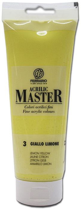 Ferrario Краска акриловая Acrilic Master цвет №3 лимонный желтыйBM0978B0003 Ferrario Краска акриловая Acrilic Master цвет №3 лимонный желтыйBM0978B0003Акриловые краски серии ACRILIC MASTER итальянской компании Ferrario. Универсальны в применении, так как хорошо ложатся на любую обезжиренную поверхность: бумага, холст, картон, дерево, керамика, пластик. При изготовлении красок используются высококачественные пигменты мелкого помола. Краска быстро сохнет, обладает отличной укрывистостью и насыщенностью цвета. Работы, сделанные с помощью ACRILIC MASTER, не тускнеют и не выгорают на солнце. Все цвета отлично смешиваются между собой и при необходимости разбавляются водой. Для достижения необходимых эффектов применяют различные медиумы для акриловой живописи. В серии представлено 50 цветов.