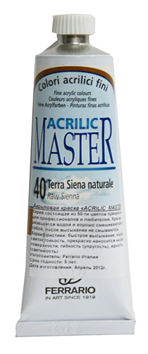 Ferrario Краска акриловая Acrilic Master цвет №40 сиена натуральная 60 мл BM09760CO40BM09760CO40 Ferrario Краска акриловая Acrilic Master цвет №40 сиена натуральная 60 мл BM09760CO40BM09760CO40Акриловые краски серии ACRILIC MASTER итальянской компании Ferrario. Универсальны в применении, так как хорошо ложатся на любую обезжиренную поверхность: бумага, холст, картон, дерево, керамика, пластик. При изготовлении красок используются высококачественные пигменты мелкого помола. Краска быстро сохнет, обладает отличной укрывистостью и насыщенностью цвета. Работы, сделанные с помощью ACRILIC MASTER, не тускнеют и не выгорают на солнце. Все цвета отлично смешиваются между собой и при необходимости разбавляются водой. Для достижения необходимых эффектов применяют различные медиумы для акриловой живописи. В серии представлено 50 цветов.