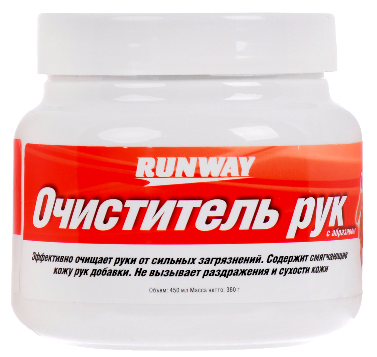 Очиститель рук Runway, с абразивом, 450 млRW3061 Очиститель рук Runway, с абразивом, 450 млRW3061Универсальное средство Runway предназначено для эффективной очистки рук от сильных загрязнений: нефтепродуктов, масел, смазок, жиров, грязи. Содержит смягчающие кожу рук добавки. Не вызывает раздражения и сухости кожи.Товар сертифицирован.Уважаемые клиенты! Обращаем ваше внимание на то, что упаковка может иметь несколько видов дизайна. Поставка осуществляется в зависимости от наличия на складе.