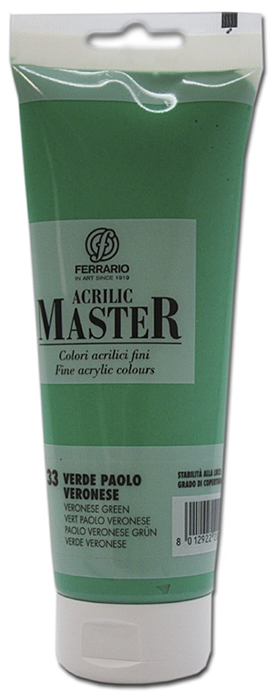 Ferrario Краска акриловая Acrilic Master цвет №33 зеленая Паоло ВоронезеBM0978B0033 Ferrario Краска акриловая Acrilic Master цвет №33 зеленая Паоло ВоронезеBM0978B0033Акриловые краски серии ACRILIC MASTER итальянской компании Ferrario. Универсальны в применении, так как хорошо ложатся на любую обезжиренную поверхность: бумага, холст, картон, дерево, керамика, пластик. При изготовлении красок используются высококачественные пигменты мелкого помола. Краска быстро сохнет, обладает отличной укрывистостью и насыщенностью цвета. Работы, сделанные с помощью ACRILIC MASTER, не тускнеют и не выгорают на солнце. Все цвета отлично смешиваются между собой и при необходимости разбавляются водой. Для достижения необходимых эффектов применяют различные медиумы для акриловой живописи. В серии представлено 50 цветов.