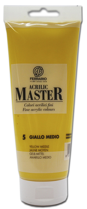 Ferrario Краска акриловая Acrilic Master цвет №5 желтый среднийBM0978B0005 Ferrario Краска акриловая Acrilic Master цвет №5 желтый среднийBM0978B0005Акриловые краски серии ACRILIC MASTER итальянской компании Ferrario. Универсальны в применении, так как хорошо ложатся на любую обезжиренную поверхность: бумага, холст, картон, дерево, керамика, пластик. При изготовлении красок используются высококачественные пигменты мелкого помола. Краска быстро сохнет, обладает отличной укрывистостью и насыщенностью цвета. Работы, сделанные с помощью ACRILIC MASTER, не тускнеют и не выгорают на солнце. Все цвета отлично смешиваются между собой и при необходимости разбавляются водой. Для достижения необходимых эффектов применяют различные медиумы для акриловой живописи. В серии представлено 50 цветов.