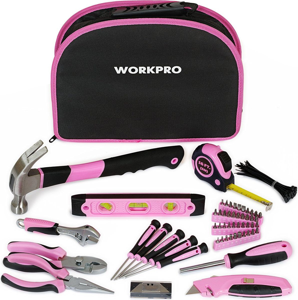 Набор инструментов Workpro Lady, 103 предметаW009012 Набор инструментов Workpro Lady, 103 предметаW009012Набор профессионального инструмента LADY розового цвета.Содержит самые популярные инструменты, способные решить большинство задач ремонта по дому.Компактный, надежный, современный.Набор включает 103 предмера: 1 шт 150 мм Комбинированные плоскогубцы - (Изготовлены из углеродистой кованой закаленной стали, двойное изолированное покрытие рукояток). 1 шт 150 мм Длинногубцы плоскогубцы - (Изготовлены из углеродистой кованой закаленной стали, двойное изолированное покрытие рукояток). 1 шт 150 мм Разводной ключ - (Изготовлен из углеродистой кованой закаленной стали, двойное анти-скользящее покрытие рукоятки)4 шт Набор из 4 отверток - (Изготовлены из хром-ванадиевой стали, хромовое покрытие для стойкости к коррозии. Двухкомпонентная рукоятка с поворотной крышкой.)1 шт Отвертка с магнитным держателем бит - (Изготовлены из хром-ванадиевой стали, хромовое покрытие для стойкости к коррозии. Двухкомпонентная рукоятка).40 шт Бит - (Изготовлены из хром-ванадиевой стали, хромовое покрытие для стойкости к коррозии.1 шт Магнитный уровень Торпедо 230 мм - (Изготовлен из ударо-прочного АБС-пластика, имеет три 360-градусные ампулы)1 шт Молоток с гвоздодером 450г – (Изготовлен из углеродистой кованой закаленной стали, имеет фиберглассовую рукоятку –виброгаситель с анти-скользящим покрытием) 1 шт Рулетка 5 м - (Стальная лента с устойчивым к истиранию лакокрасочным покрытием. Корпус из ударо-прочного ABS-пластика с резиновым покрытием. Имеет замок под большой палец.)1 шт Ремонтно-монтажный нож со сменными лезвиями10 шт Комплект сменных лезвий для ножа 40 шт Хомуты для кабеля, черные1 шт Овальная сумка на молнии с ручкой, материал полиэстер 600D Размер набора: 360х61х226 мм Вес: 2.5 кг В транспортном коробе 8 шт.Страна производства: Китай.