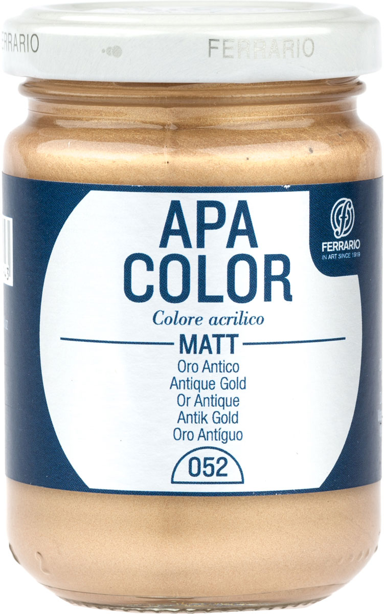 Ferrario Краска акриловая Apa Color цвет античное золото BA0095AO052BA0095AO052 Ferrario Краска акриловая Apa Color цвет античное золото BA0095AO052BA0095AO052Матовая акриловая краска Apa Color итальянской компании Ferrario на водной основе, готова к использованию. Основные качества акриловой краски Apa Color: прочность, светостойкость и экологичность. Благодаря акриловой смоле Apa Color пластична и не дает трещин. Именно поэтому краска прекрасно ложится на любые поверхности, будь то стекло, дерево или ткань, что особенно хорошо в дизайне и декоре. Она быстро сохнет, после высыхания становится водостойкой. Акриловая краска Apa Color не потускнеет со временем, ее светостойкость не позволит измениться цвету, он не выгорит на солнце и не пожелтеет. Акриловая краска Apa Color – это отличный выбор в пользу яркой живописи, так как в ее палитре только глубокие и насыщенные цвета. Из-за того, что акриловая краска Apa Color на водной основе, она почти совсем не пахнет, малотоксична – подходит для работы в помещениях, можно заниматься творчеством вместе с детьми. Акриловая краска Apa Color разводится водой, однако это не значит, что для нее нельзя использовать специальные растворители и медиумы, предназначенные для акриловых красок – в этом случае сохраняется высокая пигментированность, но объем краски увеличивается и появляется возможность создания различных фактур и эффектов. Акриловую краску Apa Color легко наносить кистью, шпателем, валиком.