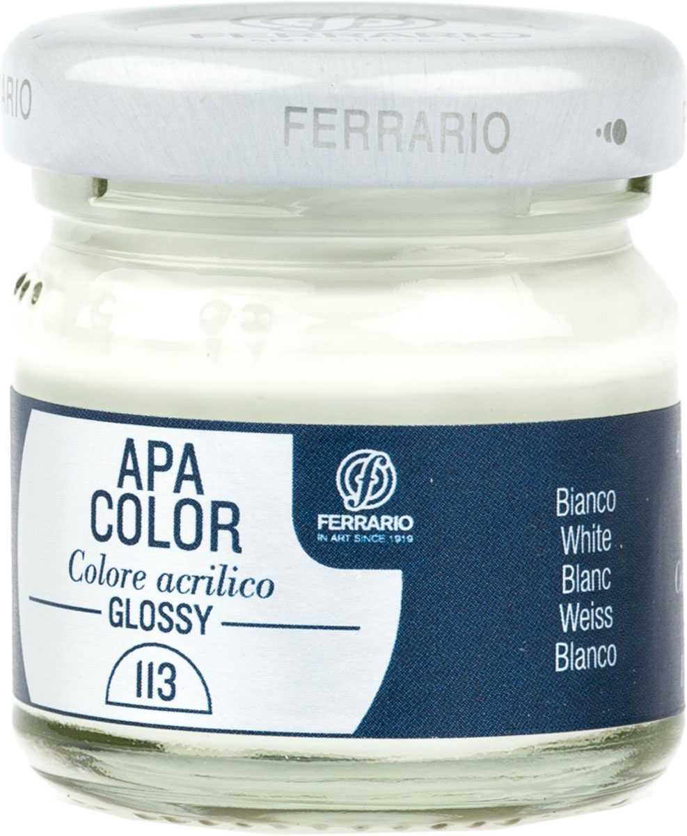 Ferrario Краска акриловая Apa Color цвет белила глянцBA0040В0113 Ferrario Краска акриловая Apa Color цвет белила глянцBA0040В0113Глянцевая акриловая краска Apa Color итальянской компании Ferrario на водной основе, готова к использованию. Основные качества акриловой краски Apa Color: прочность, светостойкость и экологичность. Благодаря акриловой смоле Apa Color пластична и не дает трещин. Именно поэтому краска прекрасно ложится на любые поверхности, будь то стекло, дерево или ткань, что особенно хорошо в дизайне и декоре. Она быстро сохнет, после высыхания становится водостойкой. Акриловая краска Apa Color не потускнеет со временем, ее светостойкость не позволит измениться цвету, он не выгорит на солнце и не пожелтеет. Акриловая краска Apa Color – это отличный выбор в пользу яркой живописи, так как в ее палитре только глубокие и насыщенные цвета. Из-за того, что акриловая краска Apa Color на водной основе, она почти совсем не пахнет, малотоксична – подходит для работы в помещениях, можно заниматься творчеством вместе с детьми. Акриловая краска Apa Color разводится водой, однако это не значит, что для нее нельзя использовать специальные растворители и медиумы, предназначенные для акриловых красок – в этом случае сохраняется высокая пигментированность, но объем краски увеличивается и появляется возможность создания различных фактур и эффектов. Акриловую краску Apa Color легко наносить кистью, шпателем, валиком.