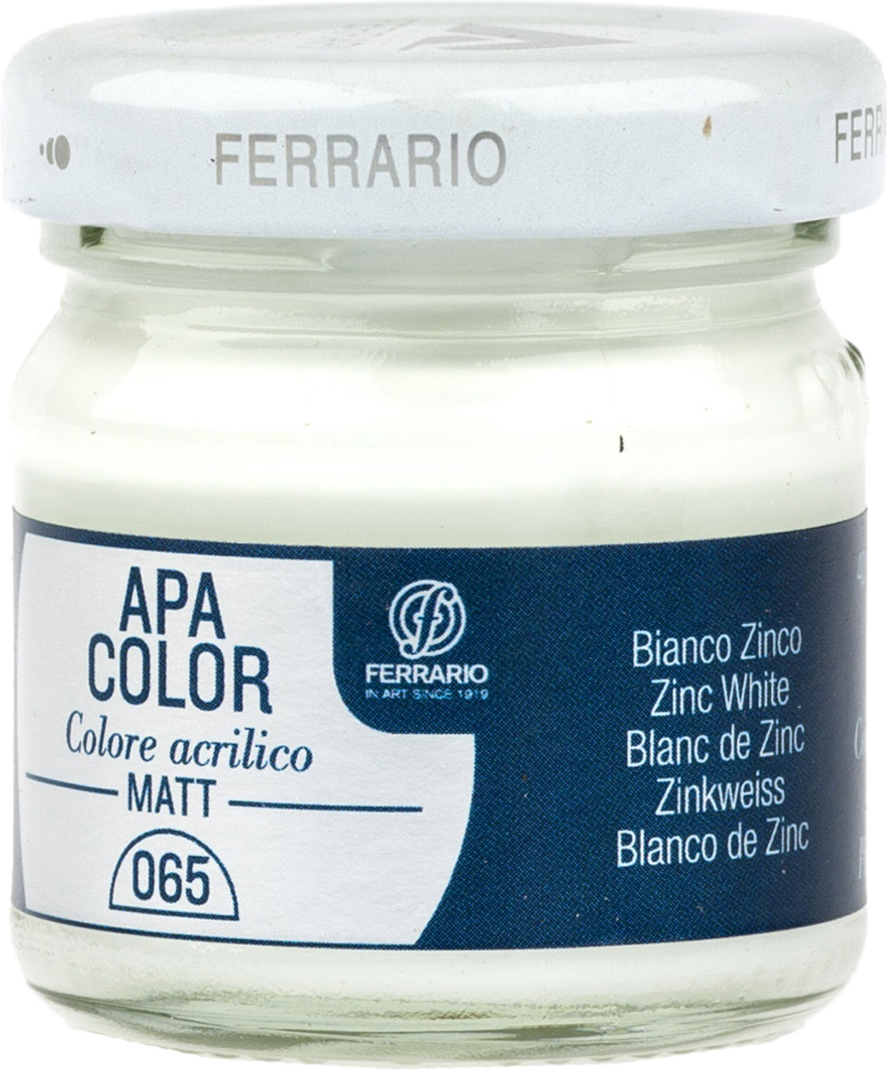 Ferrario Краска акриловая Apa Color цвет белила цинковые BA0040А0065BA0040А0065 Ferrario Краска акриловая Apa Color цвет белила цинковые BA0040А0065BA0040А0065Матовая акриловая краска Apa Color итальянской компании Ferrario на водной основе, готова к использованию. Основные качества акриловой краски Apa Color: прочность, светостойкость и экологичность. Благодаря акриловой смоле Apa Color пластична и не дает трещин. Именно поэтому краска прекрасно ложится на любые поверхности, будь то стекло, дерево или ткань, что особенно хорошо в дизайне и декоре. Она быстро сохнет, после высыхания становится водостойкой. Акриловая краска Apa Color не потускнеет со временем, ее светостойкость не позволит измениться цвету, он не выгорит на солнце и не пожелтеет. Акриловая краска Apa Color – это отличный выбор в пользу яркой живописи, так как в ее палитре только глубокие и насыщенные цвета. Из-за того, что акриловая краска Apa Color на водной основе, она почти совсем не пахнет, малотоксична – подходит для работы в помещениях, можно заниматься творчеством вместе с детьми. Акриловая краска Apa Color разводится водой, однако это не значит, что для нее нельзя использовать специальные растворители и медиумы, предназначенные для акриловых красок – в этом случае сохраняется высокая пигментированность, но объем краски увеличивается и появляется возможность создания различных фактур и эффектов. Акриловую краску Apa Color легко наносить кистью, шпателем, валиком.
