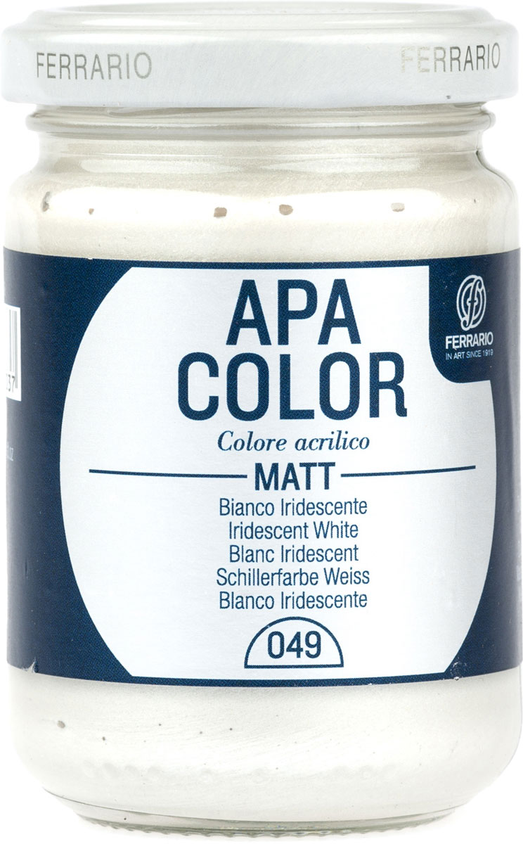Ferrario Краска акриловая Apa Color цвет белый переливающийсяBA0095AO049 Ferrario Краска акриловая Apa Color цвет белый переливающийсяBA0095AO049Матовая акриловая краска Apa Color итальянской компании Ferrario на водной основе, готова к использованию. Основные качества акриловой краски Apa Color: прочность, светостойкость и экологичность. Благодаря акриловой смоле Apa Color пластична и не дает трещин. Именно поэтому краска прекрасно ложится на любые поверхности, будь то стекло, дерево или ткань, что особенно хорошо в дизайне и декоре. Она быстро сохнет, после высыхания становится водостойкой. Акриловая краска Apa Color не потускнеет со временем, ее светостойкость не позволит измениться цвету, он не выгорит на солнце и не пожелтеет. Акриловая краска Apa Color – это отличный выбор в пользу яркой живописи, так как в ее палитре только глубокие и насыщенные цвета. Из-за того, что акриловая краска Apa Color на водной основе, она почти совсем не пахнет, малотоксична – подходит для работы в помещениях, можно заниматься творчеством вместе с детьми. Акриловая краска Apa Color разводится водой, однако это не значит, что для нее нельзя использовать специальные растворители и медиумы, предназначенные для акриловых красок – в этом случае сохраняется высокая пигментированность, но объем краски увеличивается и появляется возможность создания различных фактур и эффектов. Акриловую краску Apa Color легко наносить кистью, шпателем, валиком.