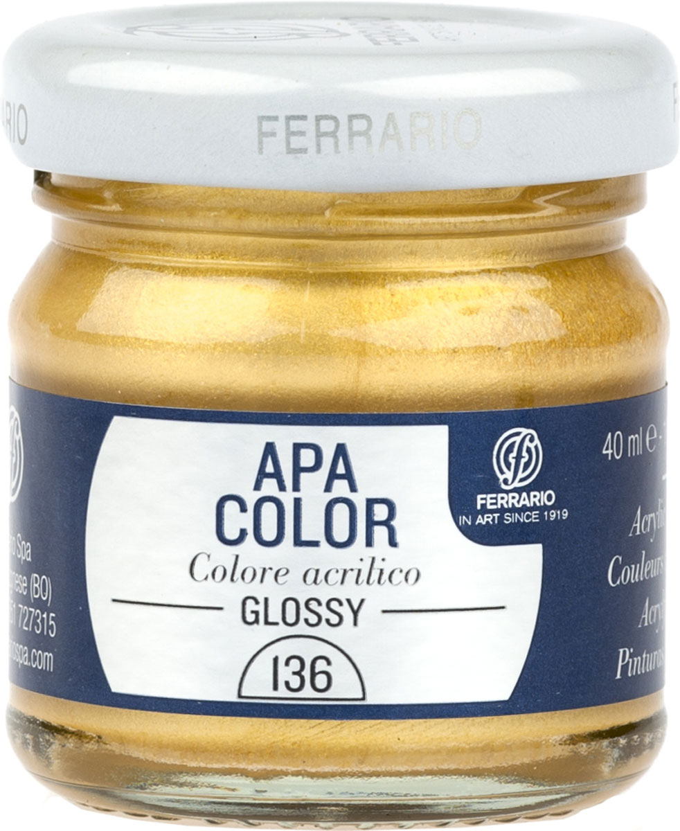 Ferrario Краска акриловая Apa Color цвет богатое золото BA0040В0136BA0040В0136 Ferrario Краска акриловая Apa Color цвет богатое золото BA0040В0136BA0040В0136Глянцевая акриловая краска Apa Color итальянской компании Ferrario на водной основе, готова к использованию. Основные качества акриловой краски Apa Color: прочность, светостойкость и экологичность. Благодаря акриловой смоле Apa Color пластична и не дает трещин. Именно поэтому краска прекрасно ложится на любые поверхности, будь то стекло, дерево или ткань, что особенно хорошо в дизайне и декоре. Она быстро сохнет, после высыхания становится водостойкой. Акриловая краска Apa Color не потускнеет со временем, ее светостойкость не позволит измениться цвету, он не выгорит на солнце и не пожелтеет. Акриловая краска Apa Color – это отличный выбор в пользу яркой живописи, так как в ее палитре только глубокие и насыщенные цвета. Из-за того, что акриловая краска Apa Color на водной основе, она почти совсем не пахнет, малотоксична – подходит для работы в помещениях, можно заниматься творчеством вместе с детьми. Акриловая краска Apa Color разводится водой, однако это не значит, что для нее нельзя использовать специальные растворители и медиумы, предназначенные для акриловых красок – в этом случае сохраняется высокая пигментированность, но объем краски увеличивается и появляется возможность создания различных фактур и эффектов. Акриловую краску Apa Color легко наносить кистью, шпателем, валиком.