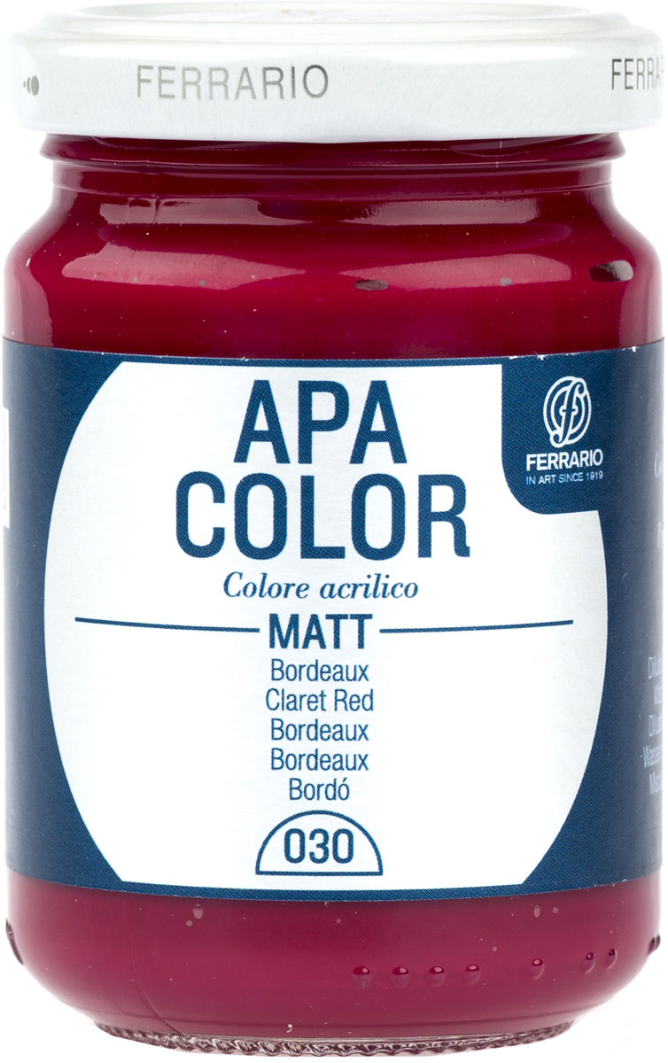 Ferrario Краска акриловая Apa Color цвет бордовый BA0095AO030BA0095AO030 Ferrario Краска акриловая Apa Color цвет бордовый BA0095AO030BA0095AO030Матовая акриловая краска Apa Color итальянской компании Ferrario на водной основе, готова к использованию. Основные качества акриловой краски Apa Color: прочность, светостойкость и экологичность. Благодаря акриловой смоле Apa Color пластична и не дает трещин. Именно поэтому краска прекрасно ложится на любые поверхности, будь то стекло, дерево или ткань, что особенно хорошо в дизайне и декоре. Она быстро сохнет, после высыхания становится водостойкой. Акриловая краска Apa Color не потускнеет со временем, ее светостойкость не позволит измениться цвету, он не выгорит на солнце и не пожелтеет. Акриловая краска Apa Color – это отличный выбор в пользу яркой живописи, так как в ее палитре только глубокие и насыщенные цвета. Из-за того, что акриловая краска Apa Color на водной основе, она почти совсем не пахнет, малотоксична – подходит для работы в помещениях, можно заниматься творчеством вместе с детьми. Акриловая краска Apa Color разводится водой, однако это не значит, что для нее нельзя использовать специальные растворители и медиумы, предназначенные для акриловых красок – в этом случае сохраняется высокая пигментированность, но объем краски увеличивается и появляется возможность создания различных фактур и эффектов. Акриловую краску Apa Color легко наносить кистью, шпателем, валиком.