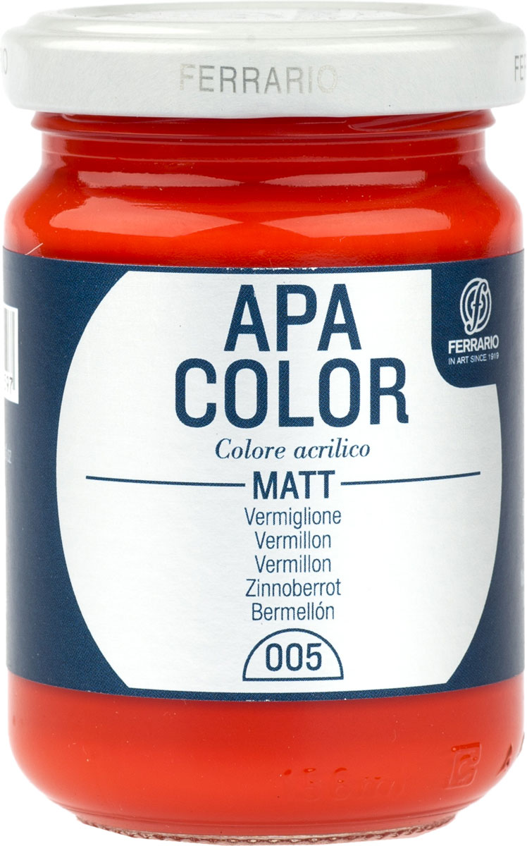 Ferrario Краска акриловая Apa Color цвет вермильонBA0095AO005 Ferrario Краска акриловая Apa Color цвет вермильонBA0095AO005Матовая акриловая краска Apa Color итальянской компании Ferrario на водной основе, готова к использованию. Основные качества акриловой краски Apa Color: прочность, светостойкость и экологичность. Благодаря акриловой смоле Apa Color пластична и не дает трещин. Именно поэтому краска прекрасно ложится на любые поверхности, будь то стекло, дерево или ткань, что особенно хорошо в дизайне и декоре. Она быстро сохнет, после высыхания становится водостойкой. Акриловая краска Apa Color не потускнеет со временем, ее светостойкость не позволит измениться цвету, он не выгорит на солнце и не пожелтеет. Акриловая краска Apa Color – это отличный выбор в пользу яркой живописи, так как в ее палитре только глубокие и насыщенные цвета. Из-за того, что акриловая краска Apa Color на водной основе, она почти совсем не пахнет, малотоксична – подходит для работы в помещениях, можно заниматься творчеством вместе с детьми. Акриловая краска Apa Color разводится водой, однако это не значит, что для нее нельзя использовать специальные растворители и медиумы, предназначенные для акриловых красок – в этом случае сохраняется высокая пигментированность, но объем краски увеличивается и появляется возможность создания различных фактур и эффектов. Акриловую краску Apa Color легко наносить кистью, шпателем, валиком.