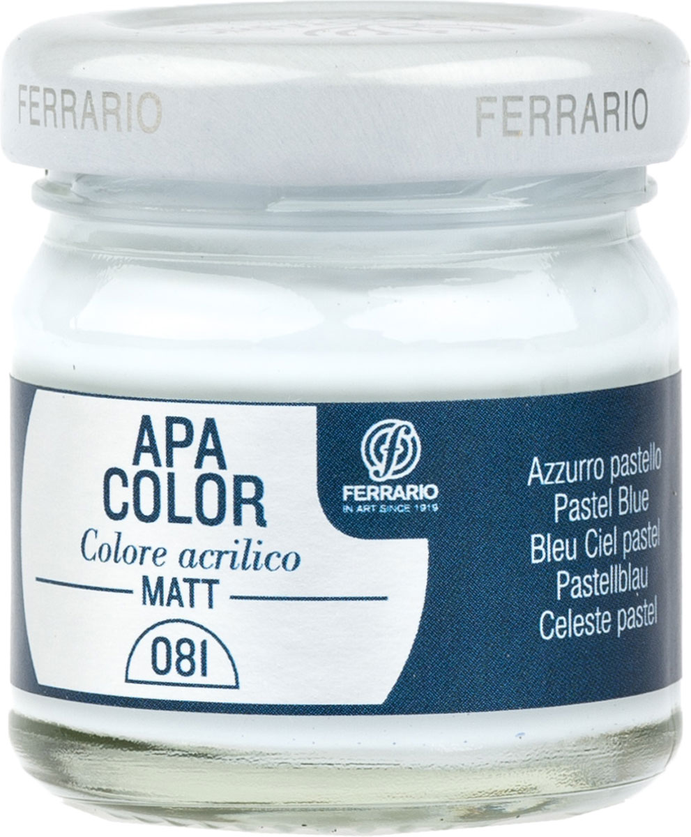 Ferrario Краска акриловая Apa Color цвет голубой пастельныйBA0040А0081 Ferrario Краска акриловая Apa Color цвет голубой пастельныйBA0040А0081Матовая акриловая краска Apa Color итальянской компании Ferrario на водной основе, готова к использованию. Основные качества акриловой краски Apa Color: прочность, светостойкость и экологичность. Благодаря акриловой смоле Apa Color пластична и не дает трещин. Именно поэтому краска прекрасно ложится на любые поверхности, будь то стекло, дерево или ткань, что особенно хорошо в дизайне и декоре. Она быстро сохнет, после высыхания становится водостойкой. Акриловая краска Apa Color не потускнеет со временем, ее светостойкость не позволит измениться цвету, он не выгорит на солнце и не пожелтеет. Акриловая краска Apa Color – это отличный выбор в пользу яркой живописи, так как в ее палитре только глубокие и насыщенные цвета. Из-за того, что акриловая краска Apa Color на водной основе, она почти совсем не пахнет, малотоксична – подходит для работы в помещениях, можно заниматься творчеством вместе с детьми. Акриловая краска Apa Color разводится водой, однако это не значит, что для нее нельзя использовать специальные растворители и медиумы, предназначенные для акриловых красок – в этом случае сохраняется высокая пигментированность, но объем краски увеличивается и появляется возможность создания различных фактур и эффектов. Акриловую краску Apa Color легко наносить кистью, шпателем, валиком.