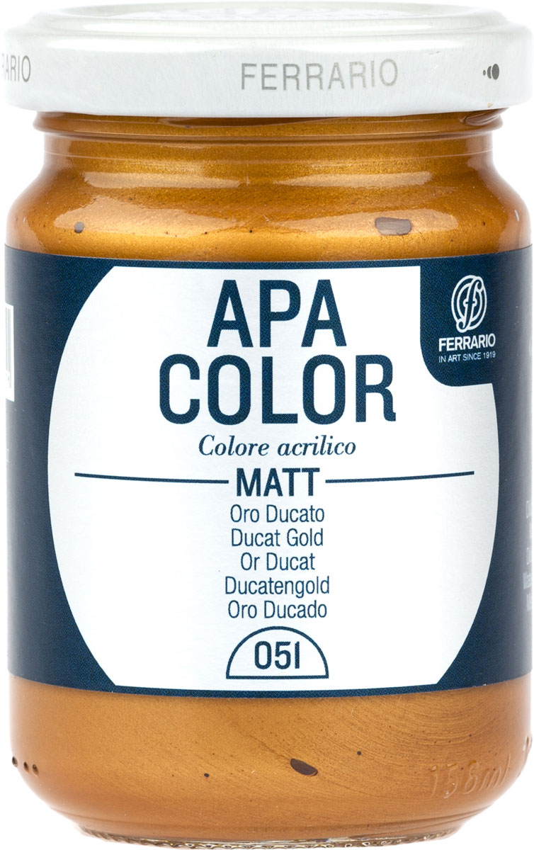 Ferrario Краска акриловая Apa Color цвет дукатное золото BA0095AO051BA0095AO051 Ferrario Краска акриловая Apa Color цвет дукатное золото BA0095AO051BA0095AO051Матовая акриловая краска Apa Color итальянской компании Ferrario на водной основе, готова к использованию. Основные качества акриловой краски Apa Color: прочность, светостойкость и экологичность. Благодаря акриловой смоле Apa Color пластична и не дает трещин. Именно поэтому краска прекрасно ложится на любые поверхности, будь то стекло, дерево или ткань, что особенно хорошо в дизайне и декоре. Она быстро сохнет, после высыхания становится водостойкой. Акриловая краска Apa Color не потускнеет со временем, ее светостойкость не позволит измениться цвету, он не выгорит на солнце и не пожелтеет. Акриловая краска Apa Color – это отличный выбор в пользу яркой живописи, так как в ее палитре только глубокие и насыщенные цвета. Из-за того, что акриловая краска Apa Color на водной основе, она почти совсем не пахнет, малотоксична – подходит для работы в помещениях, можно заниматься творчеством вместе с детьми. Акриловая краска Apa Color разводится водой, однако это не значит, что для нее нельзя использовать специальные растворители и медиумы, предназначенные для акриловых красок – в этом случае сохраняется высокая пигментированность, но объем краски увеличивается и появляется возможность создания различных фактур и эффектов. Акриловую краску Apa Color легко наносить кистью, шпателем, валиком.