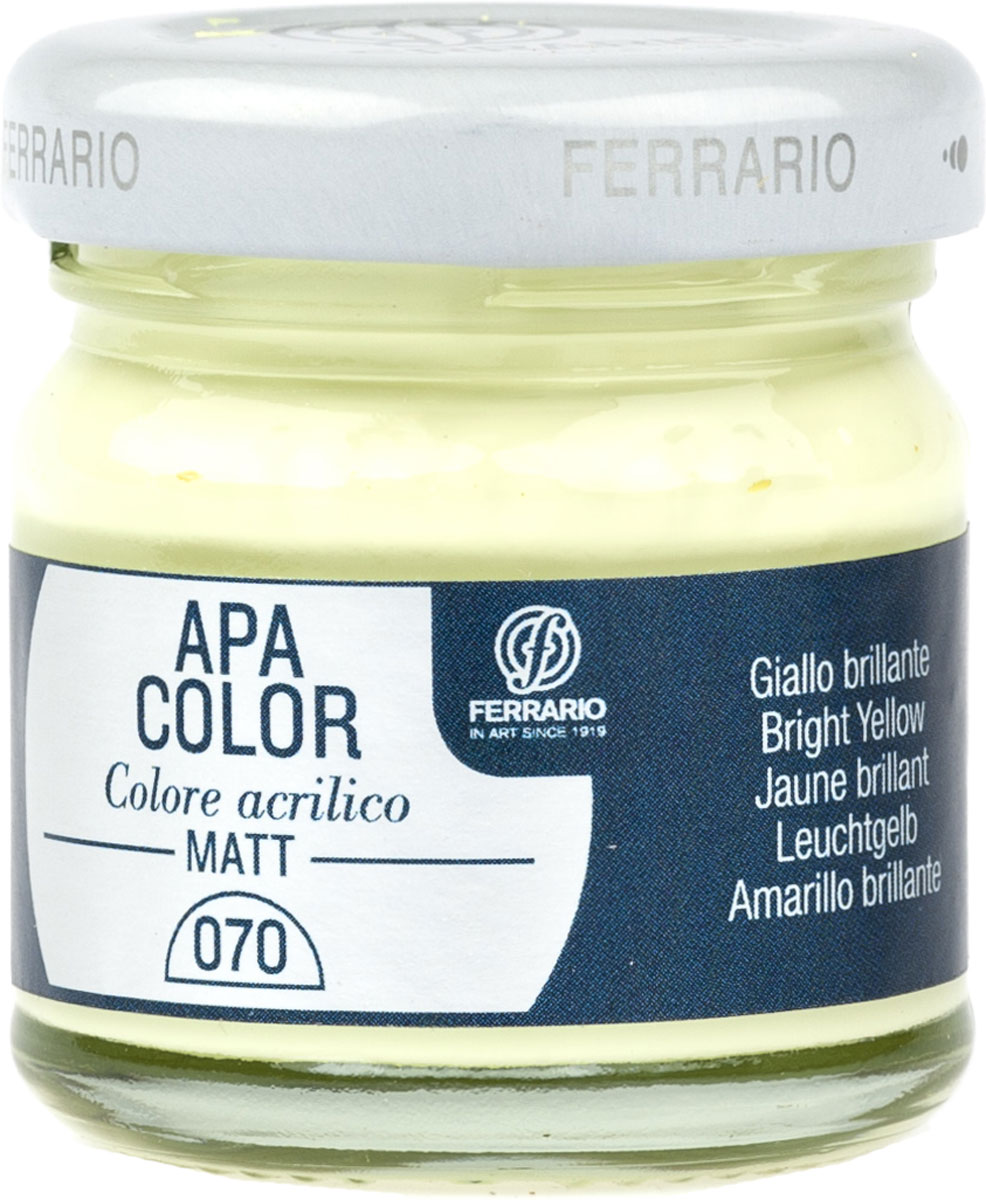 Ferrario Краска акриловая Apa Color цвет желтый глянцевыйBA0040А0070 Ferrario Краска акриловая Apa Color цвет желтый глянцевыйBA0040А0070Матовая акриловая краска Apa Color итальянской компании Ferrario на водной основе, готова к использованию. Основные качества акриловой краски Apa Color: прочность, светостойкость и экологичность. Благодаря акриловой смоле Apa Color пластична и не дает трещин. Именно поэтому краска прекрасно ложится на любые поверхности, будь то стекло, дерево или ткань, что особенно хорошо в дизайне и декоре. Она быстро сохнет, после высыхания становится водостойкой. Акриловая краска Apa Color не потускнеет со временем, ее светостойкость не позволит измениться цвету, он не выгорит на солнце и не пожелтеет. Акриловая краска Apa Color – это отличный выбор в пользу яркой живописи, так как в ее палитре только глубокие и насыщенные цвета. Из-за того, что акриловая краска Apa Color на водной основе, она почти совсем не пахнет, малотоксична – подходит для работы в помещениях, можно заниматься творчеством вместе с детьми. Акриловая краска Apa Color разводится водой, однако это не значит, что для нее нельзя использовать специальные растворители и медиумы, предназначенные для акриловых красок – в этом случае сохраняется высокая пигментированность, но объем краски увеличивается и появляется возможность создания различных фактур и эффектов. Акриловую краску Apa Color легко наносить кистью, шпателем, валиком.