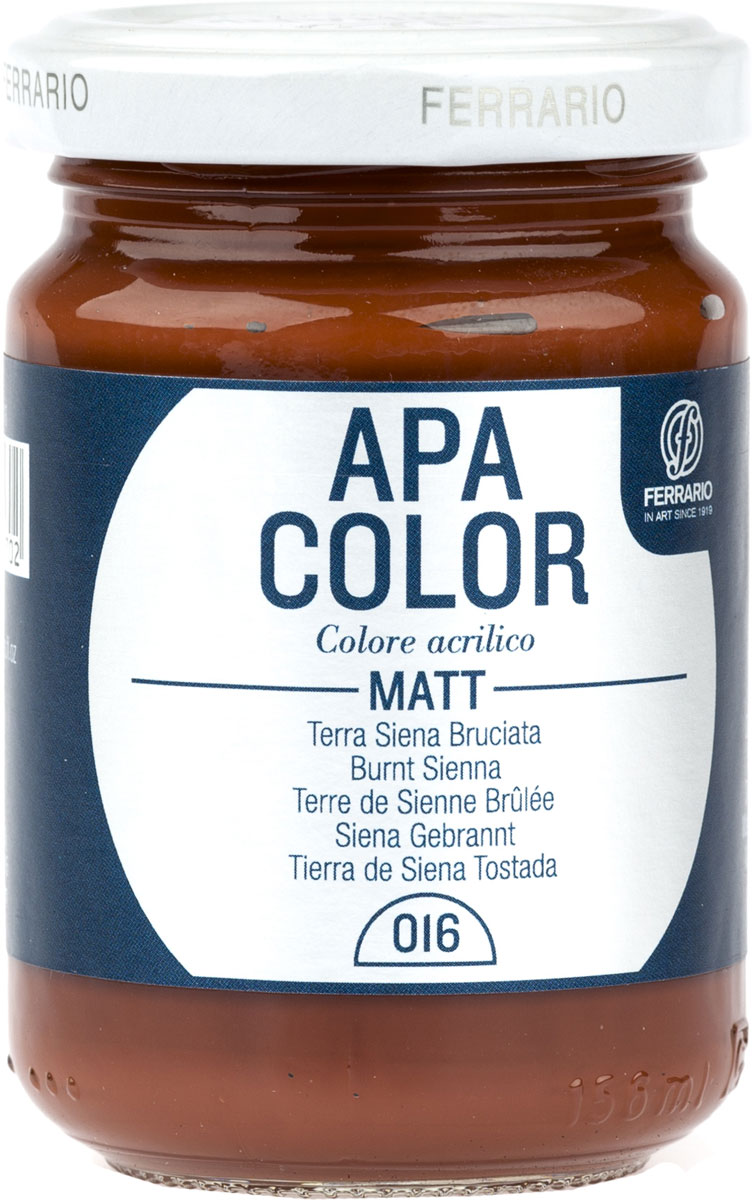 Ferrario Краска акриловая Apa Color цвет жженая сиенаBA0095AO016 Ferrario Краска акриловая Apa Color цвет жженая сиенаBA0095AO016Матовая акриловая краска Apa Color итальянской компании Ferrario на водной основе, готова к использованию. Основные качества акриловой краски Apa Color: прочность, светостойкость и экологичность. Благодаря акриловой смоле Apa Color пластична и не дает трещин. Именно поэтому краска прекрасно ложится на любые поверхности, будь то стекло, дерево или ткань, что особенно хорошо в дизайне и декоре. Она быстро сохнет, после высыхания становится водостойкой. Акриловая краска Apa Color не потускнеет со временем, ее светостойкость не позволит измениться цвету, он не выгорит на солнце и не пожелтеет. Акриловая краска Apa Color – это отличный выбор в пользу яркой живописи, так как в ее палитре только глубокие и насыщенные цвета. Из-за того, что акриловая краска Apa Color на водной основе, она почти совсем не пахнет, малотоксична – подходит для работы в помещениях, можно заниматься творчеством вместе с детьми. Акриловая краска Apa Color разводится водой, однако это не значит, что для нее нельзя использовать специальные растворители и медиумы, предназначенные для акриловых красок – в этом случае сохраняется высокая пигментированность, но объем краски увеличивается и появляется возможность создания различных фактур и эффектов. Акриловую краску Apa Color легко наносить кистью, шпателем, валиком.