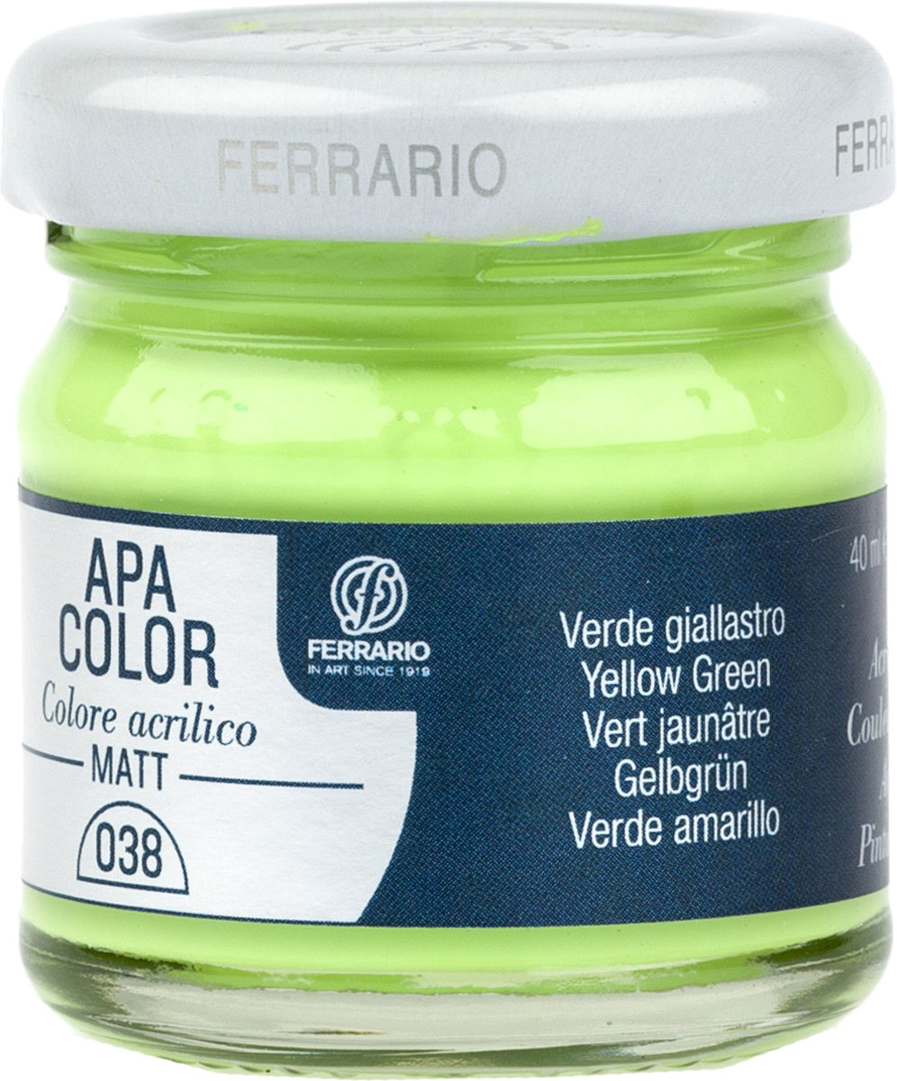 Ferrario Краска акриловая Apa Color цвет зелено желтыйBA0040А0038 Ferrario Краска акриловая Apa Color цвет зелено желтыйBA0040А0038Матовая акриловая краска Apa Color итальянской компании Ferrario на водной основе, готова к использованию. Основные качества акриловой краски Apa Color: прочность, светостойкость и экологичность. Благодаря акриловой смоле Apa Color пластична и не дает трещин. Именно поэтому краска прекрасно ложится на любые поверхности, будь то стекло, дерево или ткань, что особенно хорошо в дизайне и декоре. Она быстро сохнет, после высыхания становится водостойкой. Акриловая краска Apa Color не потускнеет со временем, ее светостойкость не позволит измениться цвету, он не выгорит на солнце и не пожелтеет. Акриловая краска Apa Color – это отличный выбор в пользу яркой живописи, так как в ее палитре только глубокие и насыщенные цвета. Из-за того, что акриловая краска Apa Color на водной основе, она почти совсем не пахнет, малотоксична – подходит для работы в помещениях, можно заниматься творчеством вместе с детьми. Акриловая краска Apa Color разводится водой, однако это не значит, что для нее нельзя использовать специальные растворители и медиумы, предназначенные для акриловых красок – в этом случае сохраняется высокая пигментированность, но объем краски увеличивается и появляется возможность создания различных фактур и эффектов. Акриловую краску Apa Color легко наносить кистью, шпателем, валиком.
