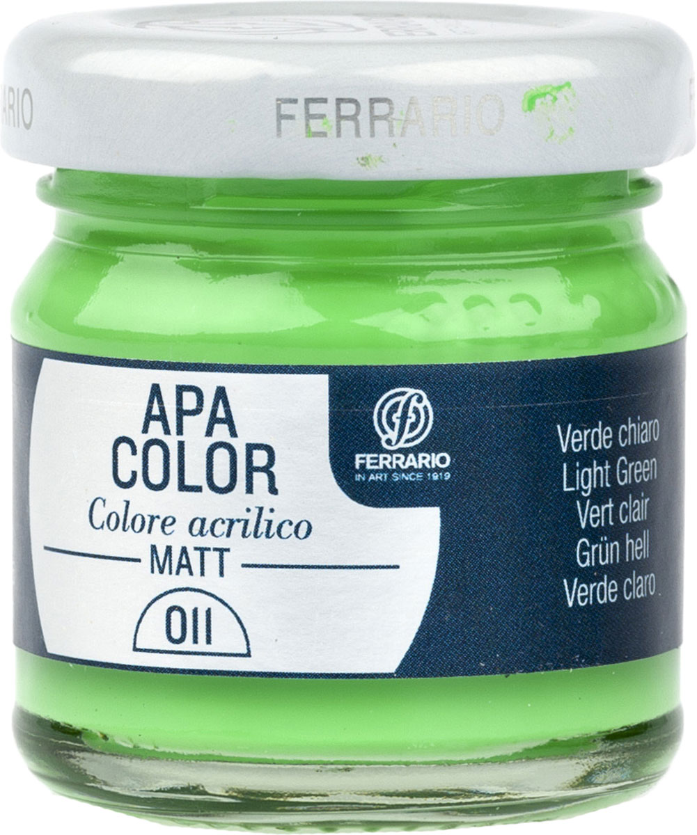 Ferrario Краска акриловая Apa Color цвет зеленый светлый BA0040А0011BA0040А0011 Ferrario Краска акриловая Apa Color цвет зеленый светлый BA0040А0011BA0040А0011Матовая акриловая краска Apa Color итальянской компании Ferrario на водной основе, готова к использованию. Основные качества акриловой краски Apa Color: прочность, светостойкость и экологичность. Благодаря акриловой смоле Apa Color пластична и не дает трещин. Именно поэтому краска прекрасно ложится на любые поверхности, будь то стекло, дерево или ткань, что особенно хорошо в дизайне и декоре. Она быстро сохнет, после высыхания становится водостойкой. Акриловая краска Apa Color не потускнеет со временем, ее светостойкость не позволит измениться цвету, он не выгорит на солнце и не пожелтеет. Акриловая краска Apa Color – это отличный выбор в пользу яркой живописи, так как в ее палитре только глубокие и насыщенные цвета. Из-за того, что акриловая краска Apa Color на водной основе, она почти совсем не пахнет, малотоксична – подходит для работы в помещениях, можно заниматься творчеством вместе с детьми. Акриловая краска Apa Color разводится водой, однако это не значит, что для нее нельзя использовать специальные растворители и медиумы, предназначенные для акриловых красок – в этом случае сохраняется высокая пигментированность, но объем краски увеличивается и появляется возможность создания различных фактур и эффектов. Акриловую краску Apa Color легко наносить кистью, шпателем, валиком.