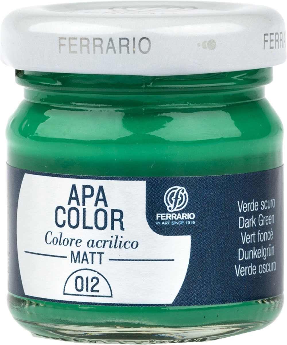 Ferrario Краска акриловая Apa Color цвет зеленый темный BA0040А0012BA0040А0012 Ferrario Краска акриловая Apa Color цвет зеленый темный BA0040А0012BA0040А0012Матовая акриловая краска Apa Color итальянской компании Ferrario на водной основе, готова к использованию. Основные качества акриловой краски Apa Color: прочность, светостойкость и экологичность. Благодаря акриловой смоле Apa Color пластична и не дает трещин. Именно поэтому краска прекрасно ложится на любые поверхности, будь то стекло, дерево или ткань, что особенно хорошо в дизайне и декоре. Она быстро сохнет, после высыхания становится водостойкой. Акриловая краска Apa Color не потускнеет со временем, ее светостойкость не позволит измениться цвету, он не выгорит на солнце и не пожелтеет. Акриловая краска Apa Color – это отличный выбор в пользу яркой живописи, так как в ее палитре только глубокие и насыщенные цвета. Из-за того, что акриловая краска Apa Color на водной основе, она почти совсем не пахнет, малотоксична – подходит для работы в помещениях, можно заниматься творчеством вместе с детьми. Акриловая краска Apa Color разводится водой, однако это не значит, что для нее нельзя использовать специальные растворители и медиумы, предназначенные для акриловых красок – в этом случае сохраняется высокая пигментированность, но объем краски увеличивается и появляется возможность создания различных фактур и эффектов. Акриловую краску Apa Color легко наносить кистью, шпателем, валиком.