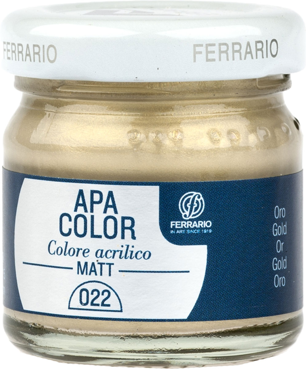 Ferrario Краска акриловая Apa Color цвет золото BA0040А0022BA0040А0022 Ferrario Краска акриловая Apa Color цвет золото BA0040А0022BA0040А0022Матовая акриловая краска Apa Color итальянской компании Ferrario на водной основе, готова к использованию. Основные качества акриловой краски Apa Color: прочность, светостойкость и экологичность. Благодаря акриловой смоле Apa Color пластична и не дает трещин. Именно поэтому краска прекрасно ложится на любые поверхности, будь то стекло, дерево или ткань, что особенно хорошо в дизайне и декоре. Она быстро сохнет, после высыхания становится водостойкой. Акриловая краска Apa Color не потускнеет со временем, ее светостойкость не позволит измениться цвету, он не выгорит на солнце и не пожелтеет. Акриловая краска Apa Color – это отличный выбор в пользу яркой живописи, так как в ее палитре только глубокие и насыщенные цвета. Из-за того, что акриловая краска Apa Color на водной основе, она почти совсем не пахнет, малотоксична – подходит для работы в помещениях, можно заниматься творчеством вместе с детьми. Акриловая краска Apa Color разводится водой, однако это не значит, что для нее нельзя использовать специальные растворители и медиумы, предназначенные для акриловых красок – в этом случае сохраняется высокая пигментированность, но объем краски увеличивается и появляется возможность создания различных фактур и эффектов. Акриловую краску Apa Color легко наносить кистью, шпателем, валиком.