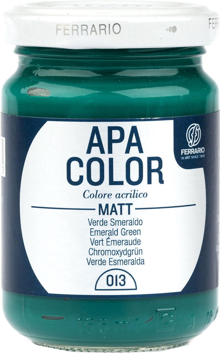 Ferrario Краска акриловая Apa Color цвет изумрудныйзеленыйBA0095AO013 Ferrario Краска акриловая Apa Color цвет изумрудныйзеленыйBA0095AO013Матовая акриловая краска Apa Color итальянской компании Ferrario на водной основе, готова к использованию. Основные качества акриловой краски Apa Color: прочность, светостойкость и экологичность. Благодаря акриловой смоле Apa Color пластична и не дает трещин. Именно поэтому краска прекрасно ложится на любые поверхности, будь то стекло, дерево или ткань, что особенно хорошо в дизайне и декоре. Она быстро сохнет, после высыхания становится водостойкой. Акриловая краска Apa Color не потускнеет со временем, ее светостойкость не позволит измениться цвету, он не выгорит на солнце и не пожелтеет. Акриловая краска Apa Color – это отличный выбор в пользу яркой живописи, так как в ее палитре только глубокие и насыщенные цвета. Из-за того, что акриловая краска Apa Color на водной основе, она почти совсем не пахнет, малотоксична – подходит для работы в помещениях, можно заниматься творчеством вместе с детьми. Акриловая краска Apa Color разводится водой, однако это не значит, что для нее нельзя использовать специальные растворители и медиумы, предназначенные для акриловых красок – в этом случае сохраняется высокая пигментированность, но объем краски увеличивается и появляется возможность создания различных фактур и эффектов. Акриловую краску Apa Color легко наносить кистью, шпателем, валиком.