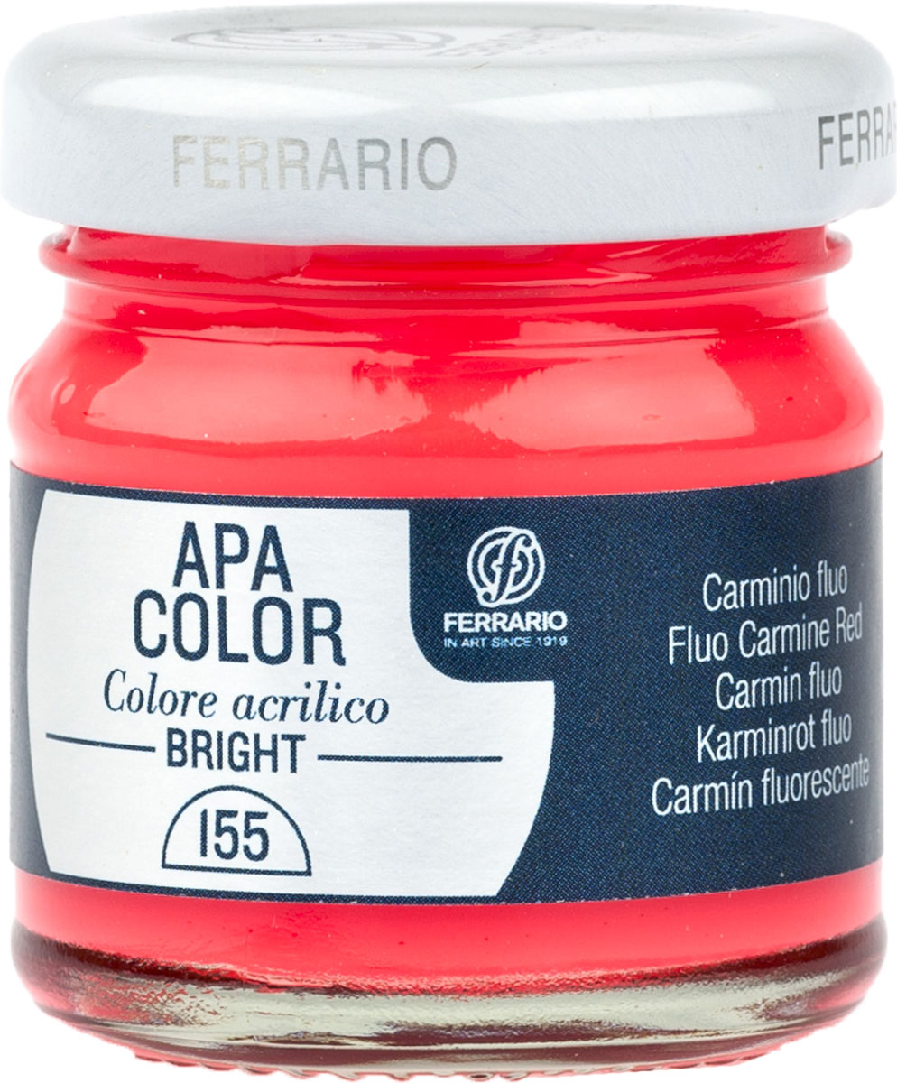 Ferrario Краска акриловая Apa Color цвет кармин флуоресцентныйBA0040С0155 Ferrario Краска акриловая Apa Color цвет кармин флуоресцентныйBA0040С0155Флуоресцентная акриловая краска Apa Color итальянской компании Ferrario на водной основе, готова к использованию. Основные качества акриловой краски Apa Color: прочность, светостойкость и экологичность. Благодаря акриловой смоле Apa Color пластична и не дает трещин. Именно поэтому краска прекрасно ложится на любые поверхности, будь то стекло, дерево или ткань, что особенно хорошо в дизайне и декоре. Она быстро сохнет, после высыхания становится водостойкой. Акриловая краска Apa Color не потускнеет со временем, ее светостойкость не позволит измениться цвету, он не выгорит на солнце и не пожелтеет. Акриловая краска Apa Color – это отличный выбор в пользу яркой живописи, так как в ее палитре только глубокие и насыщенные цвета. Из-за того, что акриловая краска Apa Color на водной основе, она почти совсем не пахнет, малотоксична – подходит для работы в помещениях, можно заниматься творчеством вместе с детьми. Акриловая краска Apa Color разводится водой, однако это не значит, что для нее нельзя использовать специальные растворители и медиумы, предназначенные для акриловых красок – в этом случае сохраняется высокая пигментированность, но объем краски увеличивается и появляется возможность создания различных фактур и эффектов. Акриловую краску Apa Color легко наносить кистью, шпателем, валиком.